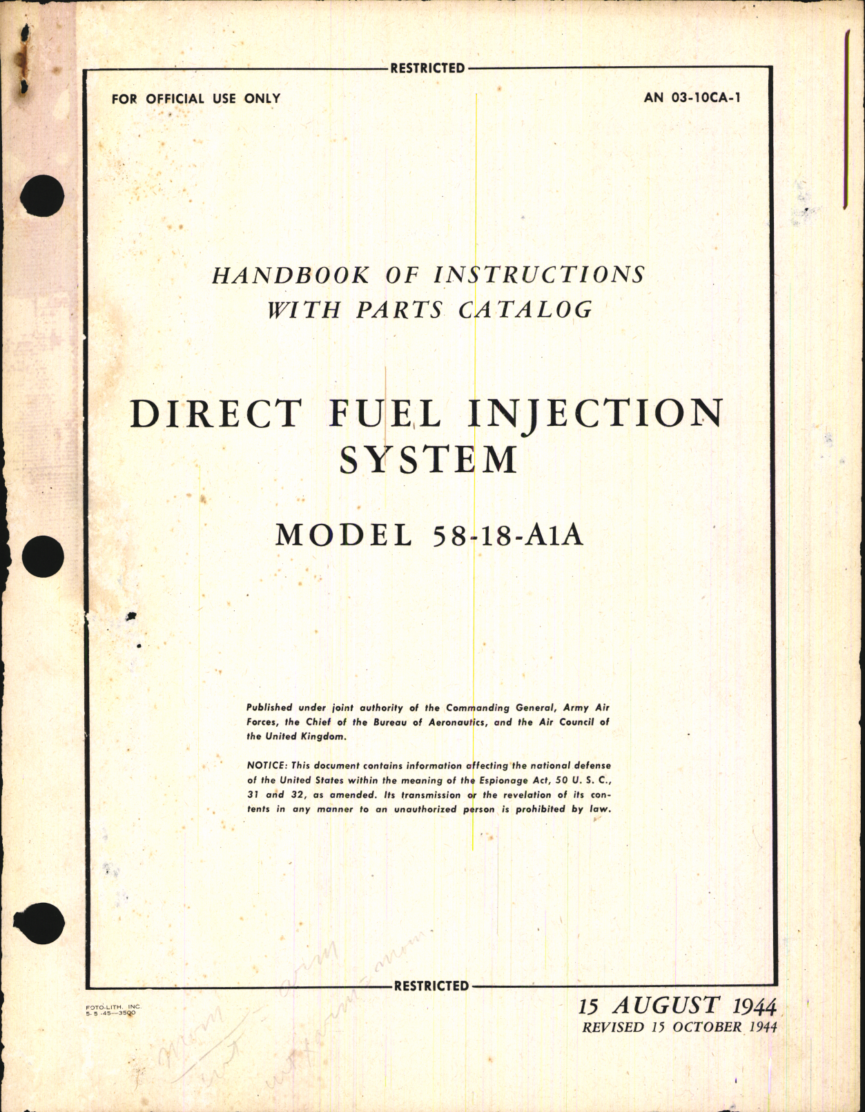 Sample page 1 from AirCorps Library document: Handbook of Instructions with Parts Catalog for Direct Fuel Injection System Model 58-18-A1A
