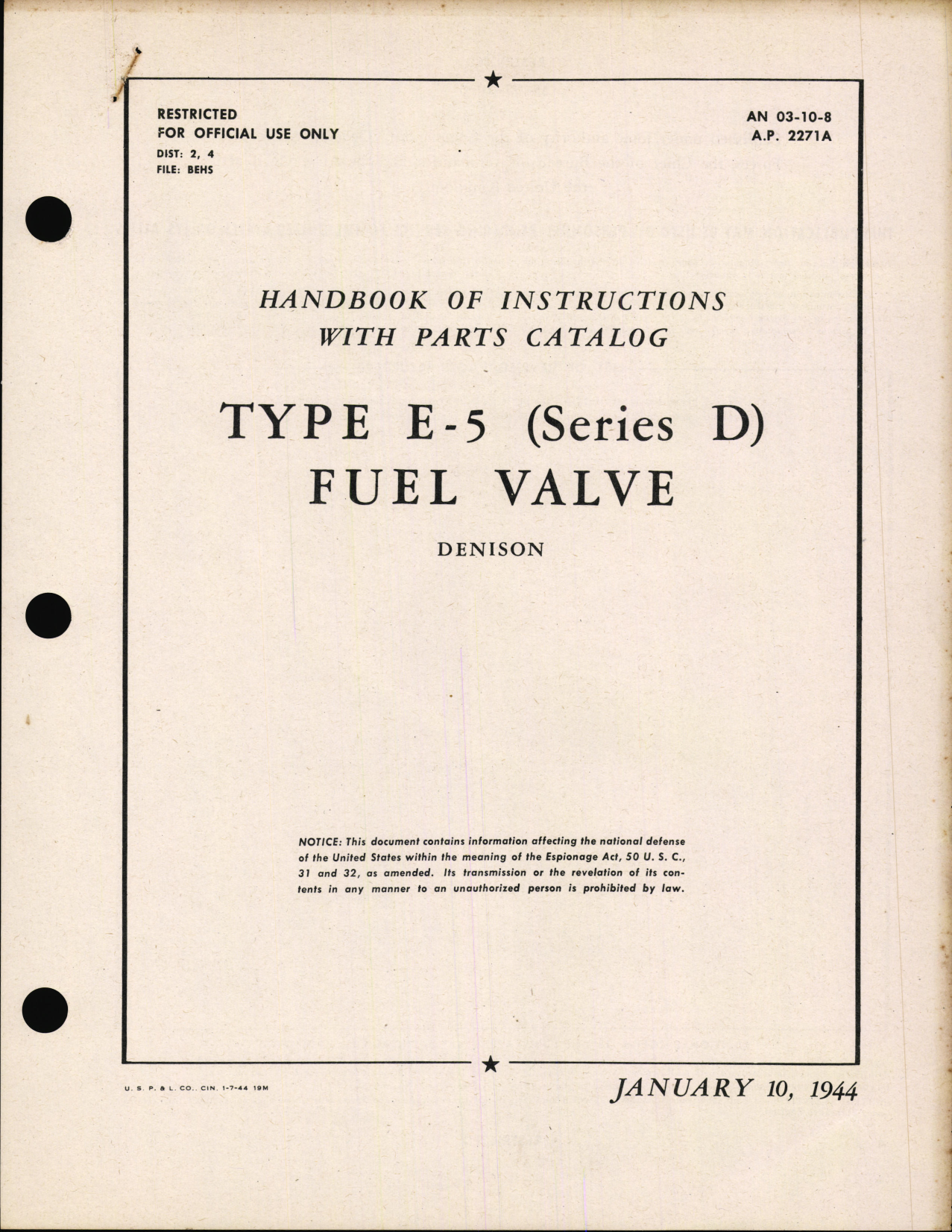 Sample page 1 from AirCorps Library document: Handbook of Instructions with Parts Catalog for Type E-5 (Series D) Fuel Valve