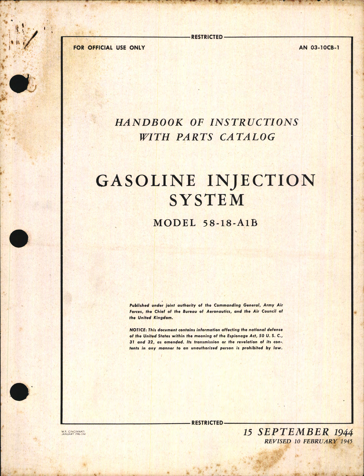 Sample page 1 from AirCorps Library document: Handbook of Instructions with Parts Catalog for Gasoline Injection System Model 58-18-A1B
