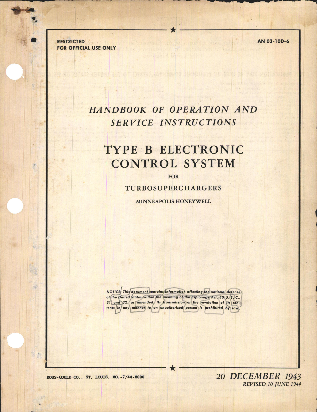 Sample page 1 from AirCorps Library document: Operation and Service Instructions for Type B Electronic Control System for Turbosuperchargers