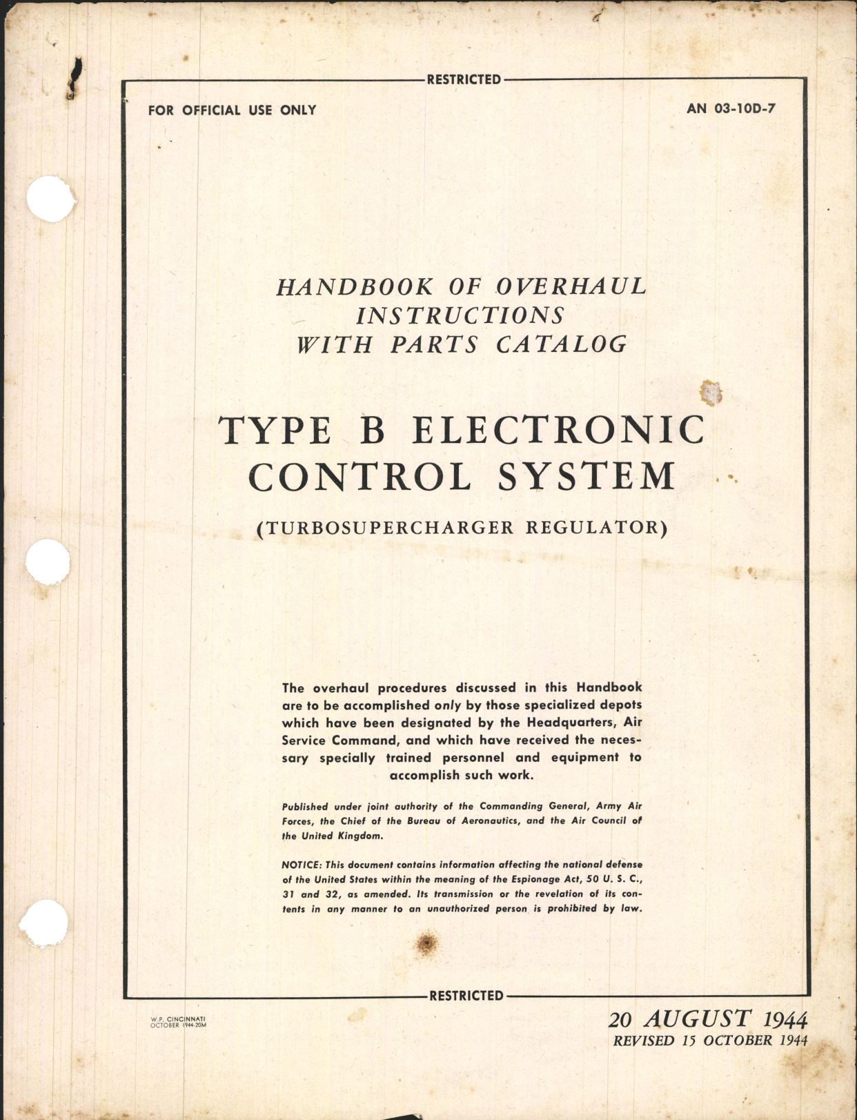 Sample page 1 from AirCorps Library document: Overhaul Instructions with Parts Catalog for Type B Electronic Control System (Turbosupercharger Regulator)