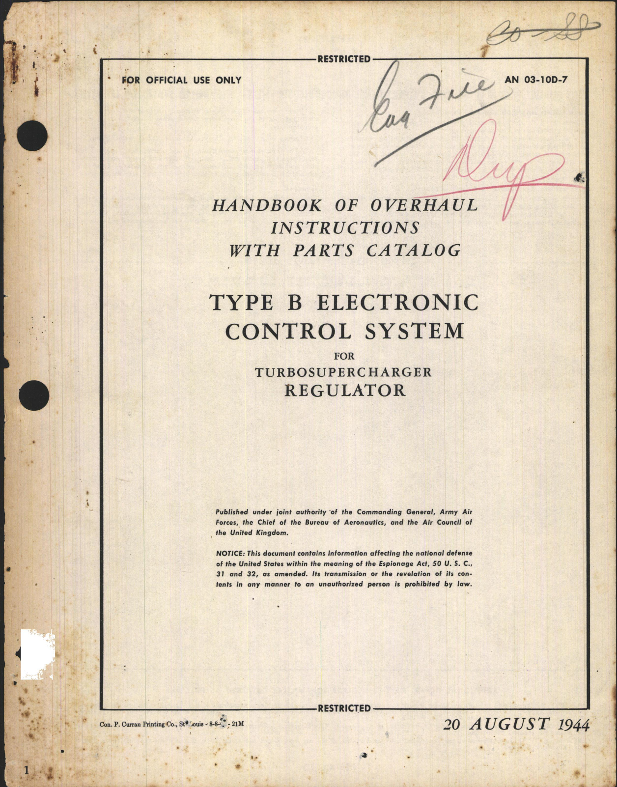 Sample page 1 from AirCorps Library document: Overhaul Instructions with Parts Catalog for Type B Electronic Control System (Turbosupercharger Regulator)