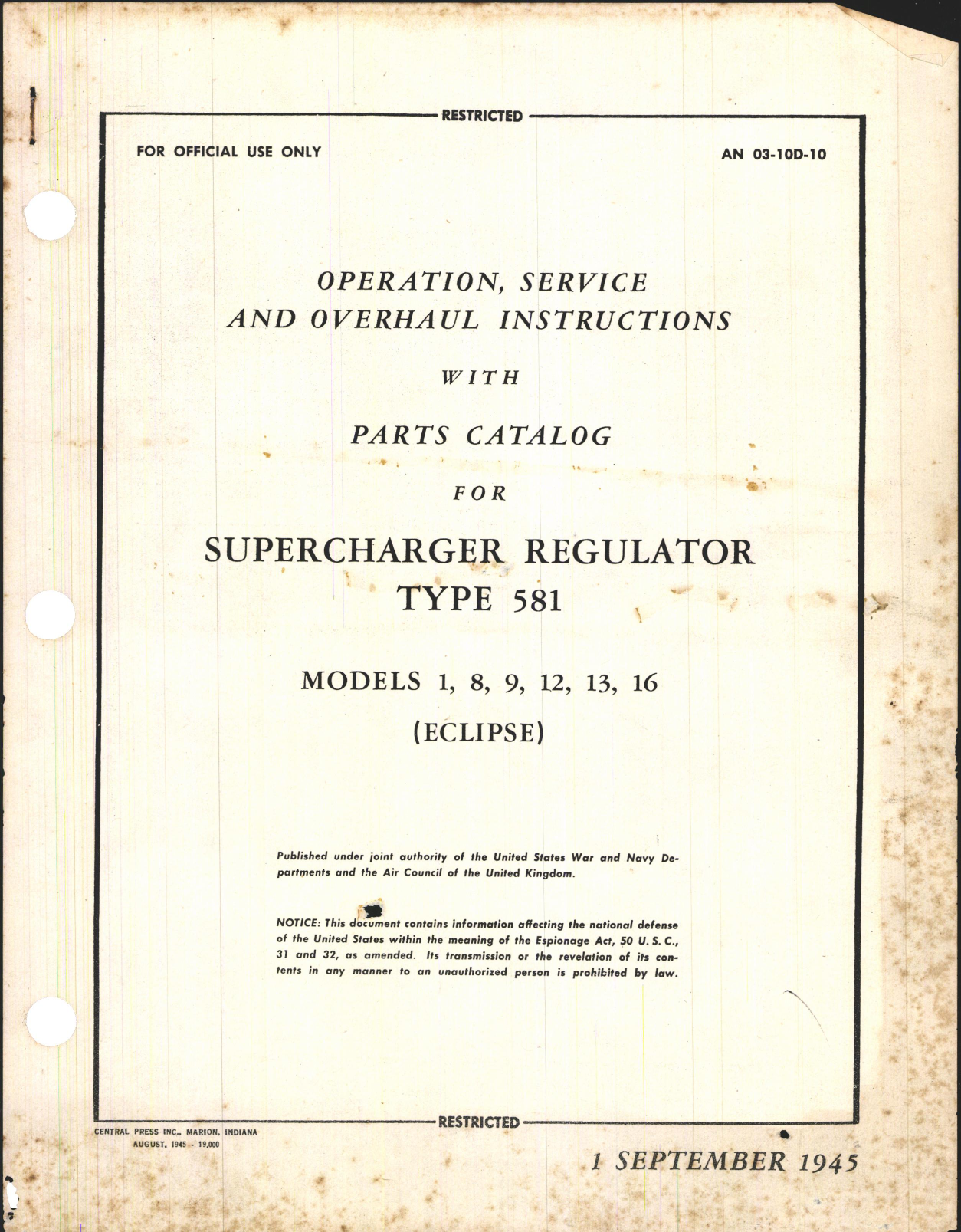Sample page 1 from AirCorps Library document: Operation, Service, & Overhaul Instructions with Parts Catalog for Supercharger Regulator Type 581