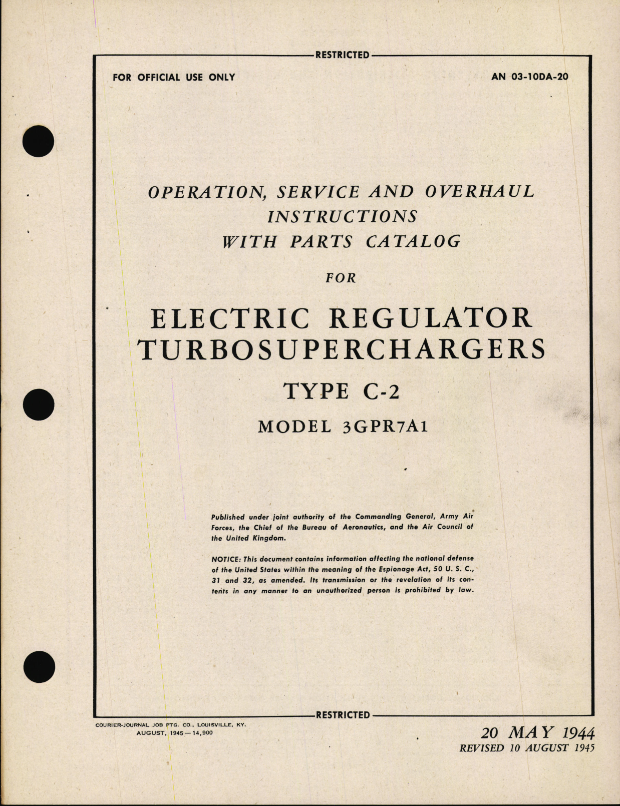 Sample page 1 from AirCorps Library document: Operation, Service, & Overhaul Instructions with Parts Catalog for Electric Regulator Turbosuperchargers Type C-2 Model 3GPR7A1