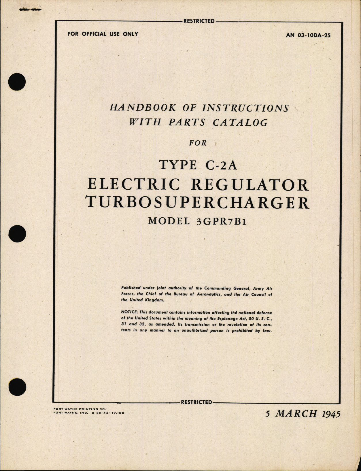 Sample page 1 from AirCorps Library document: Handbook of Instructions with Parts Catalog for Type C-2A Electric Regulator Turbosupercharger Model 3GPR7B1