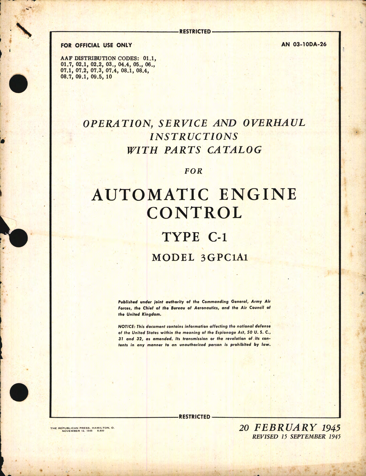 Sample page 1 from AirCorps Library document: Operation, Service, & Overhaul Instructions with Parts Catalog for Automatic Engine Control Type C-1 Model 3GPC1A1