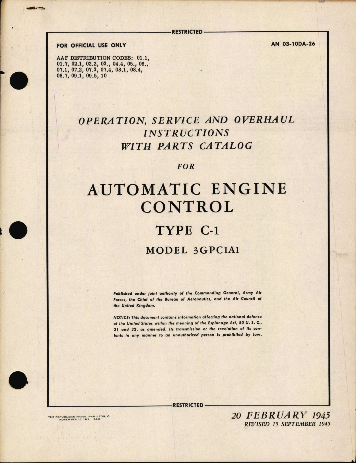 Sample page 1 from AirCorps Library document: Operation, Service, & Overhaul Instructions with Parts Catalog for Automatic Engine Control Type C-1 Model 3GPC1A1