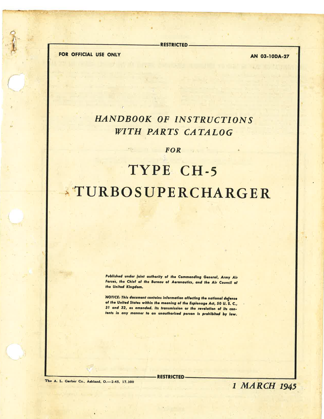 Sample page 1 from AirCorps Library document: Handbook of Instructions with Parts Catalog for Type CH-5 Turbosupercharger
