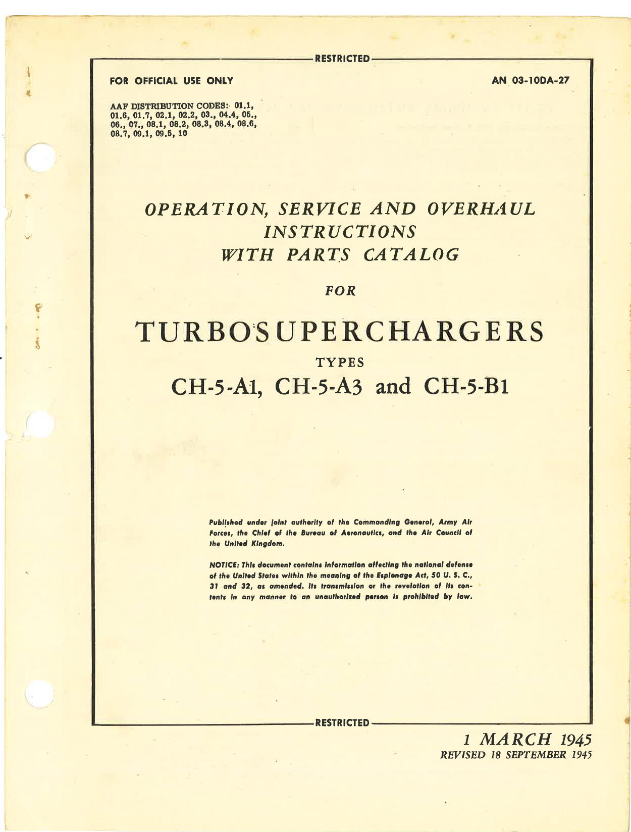 Sample page 1 from AirCorps Library document: Operation, Service, & Overhaul Instructions with Parts Catalog for Turbosuperchargers Types CH-5-A1, CH5-A3, and CH-5-B1