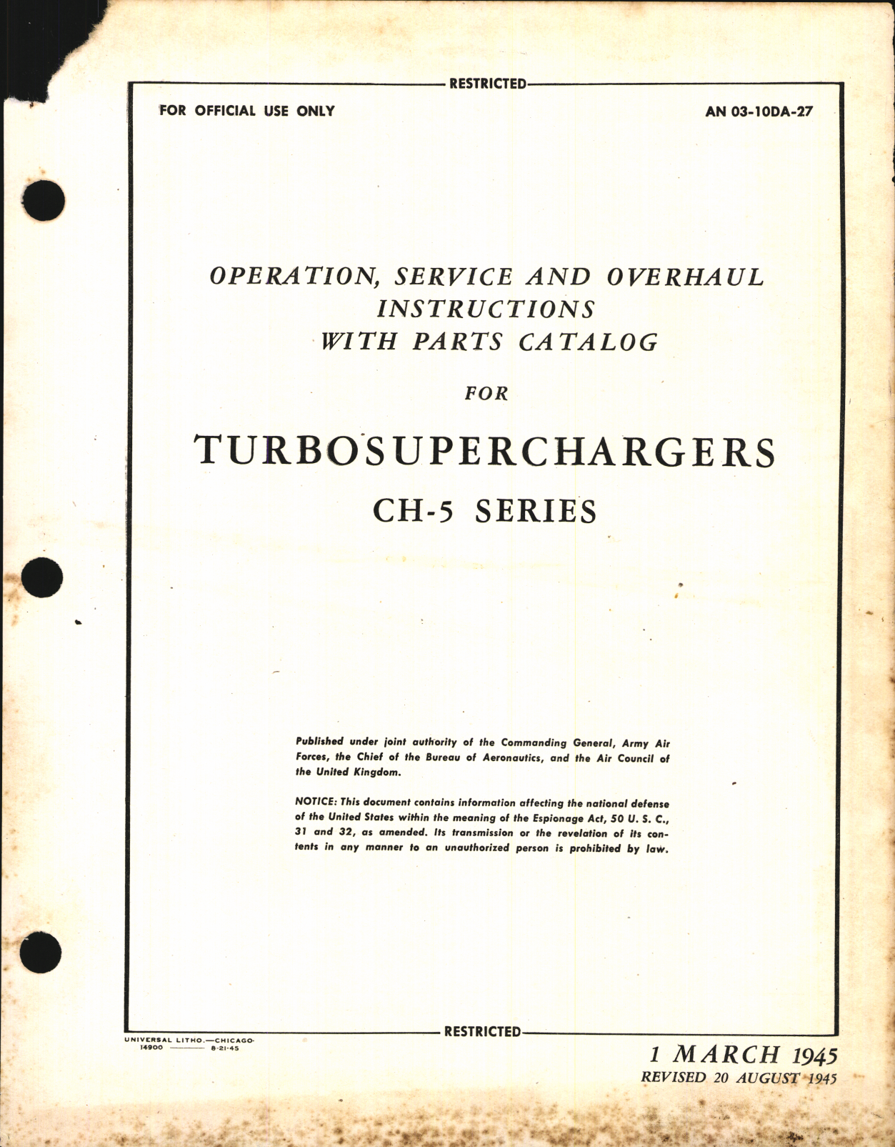 Sample page 1 from AirCorps Library document: Operation, Service, & Overhaul Instructions with Parts Catalog for Turbosuperchargers CH-5 Series