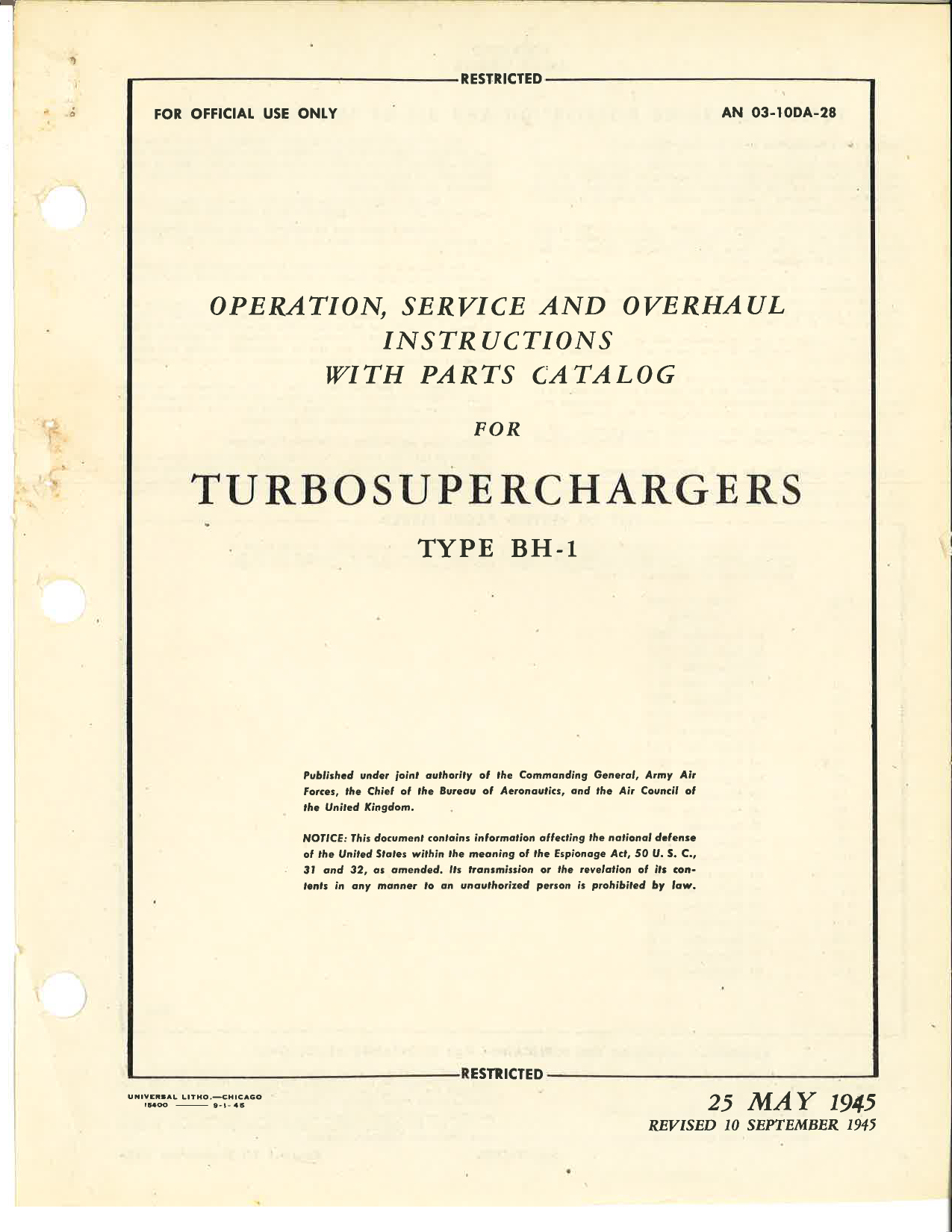 Sample page 1 from AirCorps Library document: Operation, Service, & Overhaul Instructions with Parts Catalog for Turbosuperchargers Type BH-1