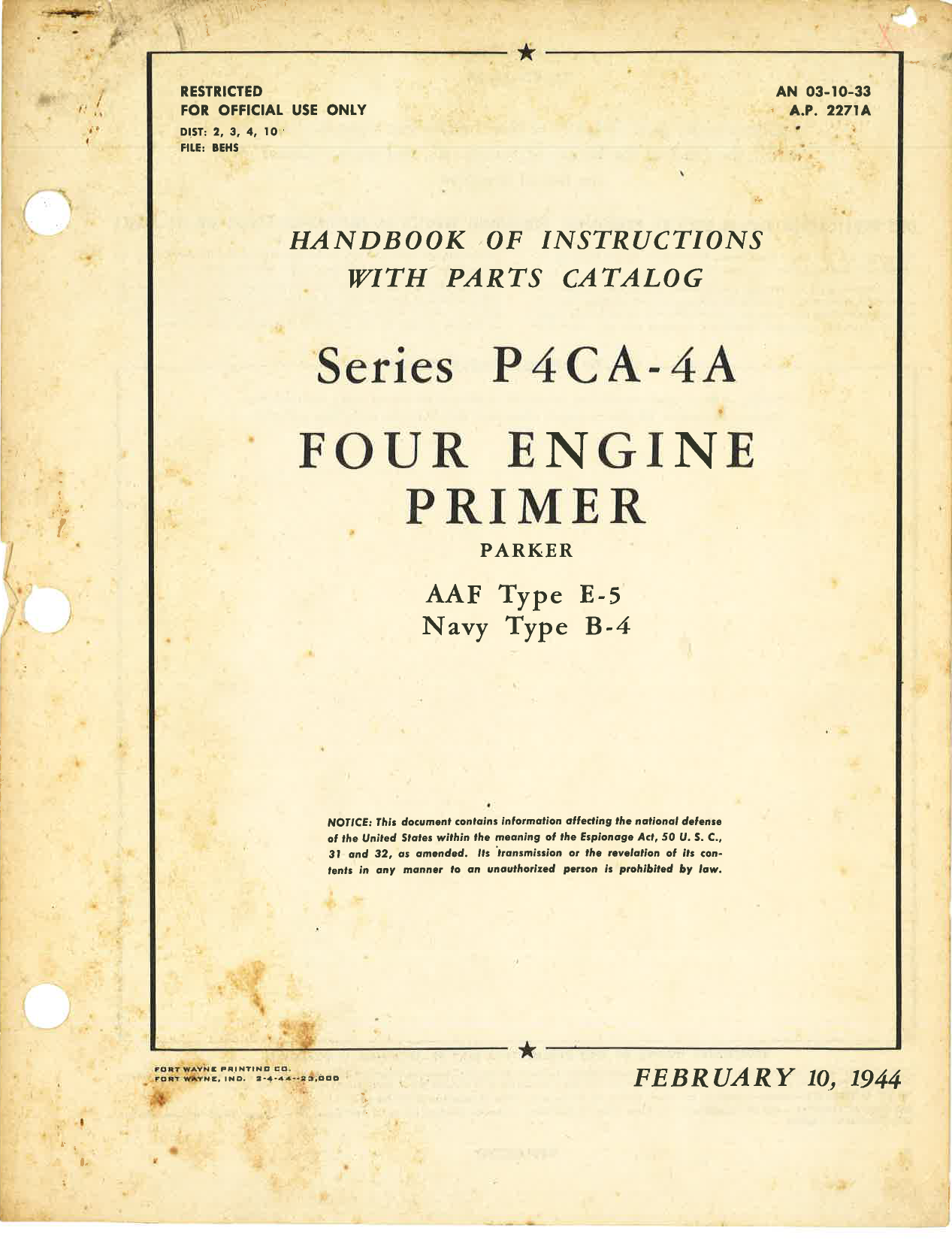 Sample page 1 from AirCorps Library document: Handbook of Instructions with Parts Catalog for Series P4CA-4A Four Engine Primer