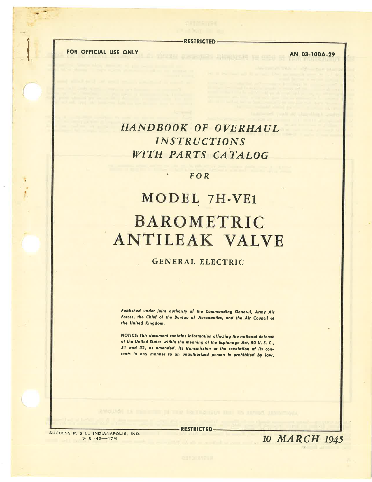 Sample page 1 from AirCorps Library document: Overhaul Instructions with Parts Catalog for Model 7H-VE1 Barometric Antileak Valve