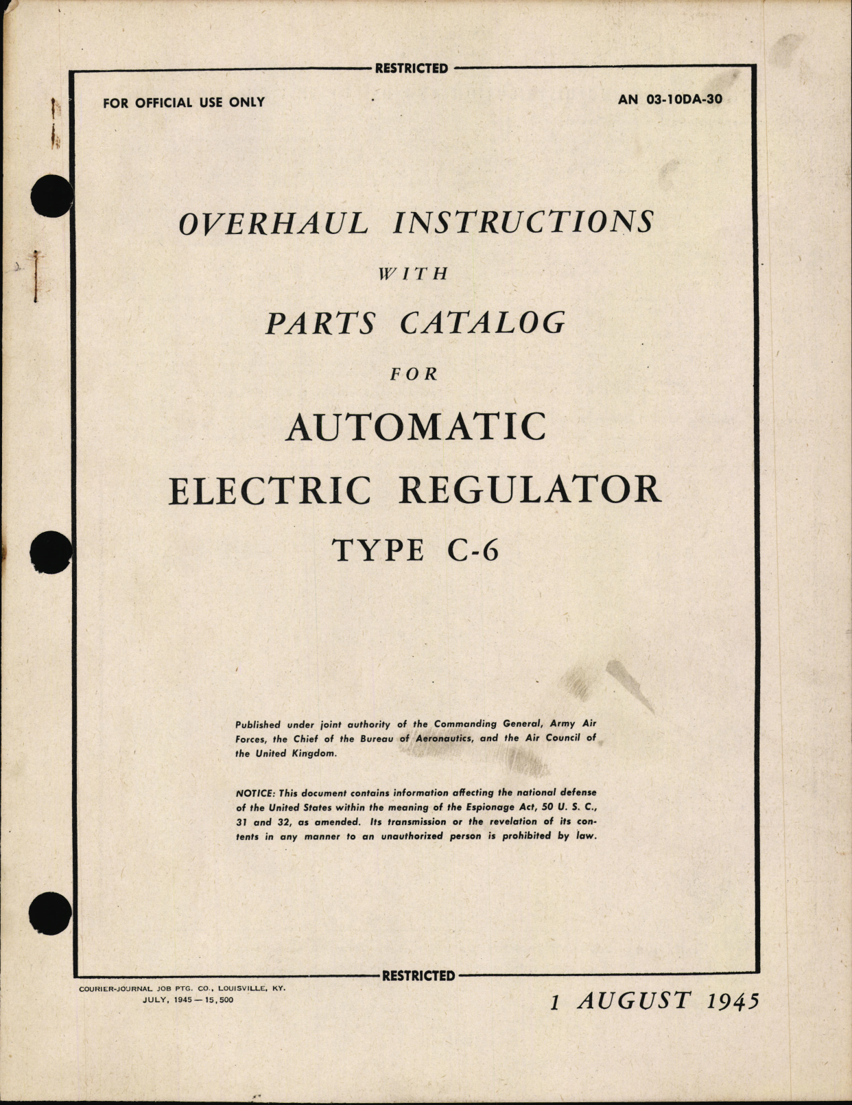 Sample page 1 from AirCorps Library document: Overhaul Instructions with Parts Catalog for Automatic Electric Regulator Type C-6