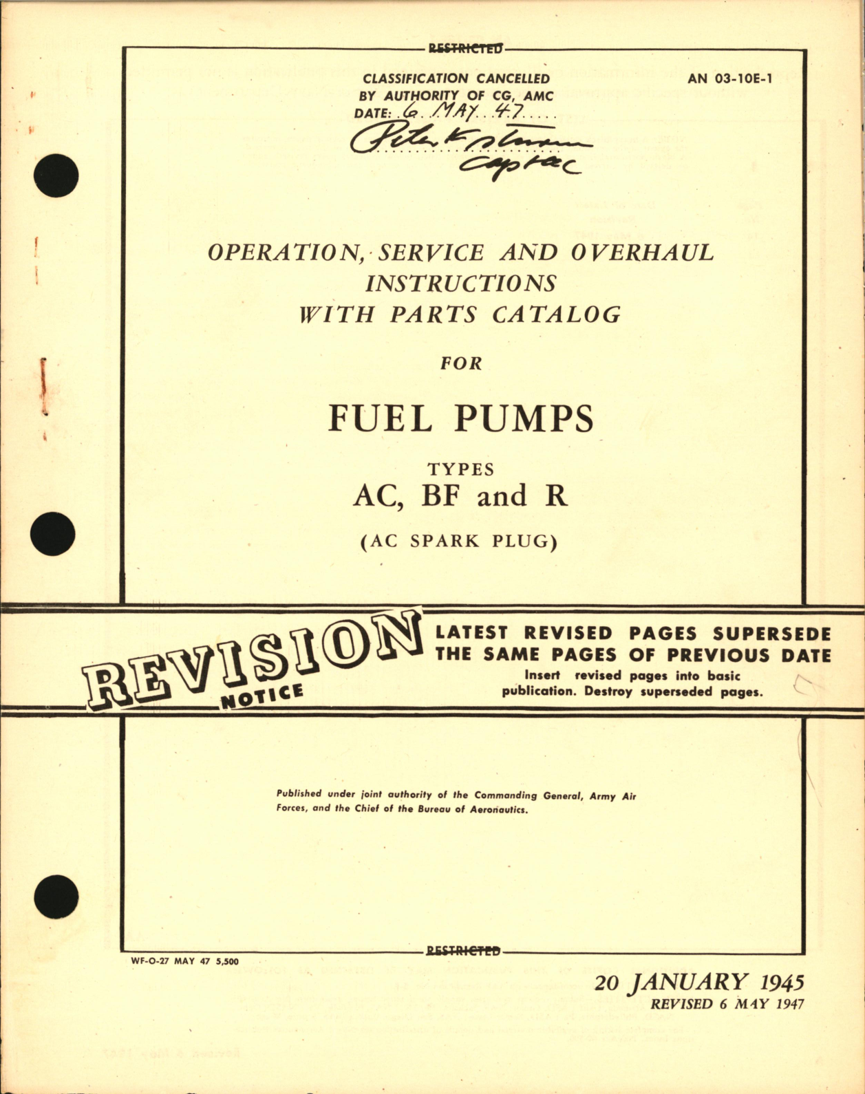 Sample page 1 from AirCorps Library document: Operation, Service, & Overhaul Instructions with Parts Catalog for Fuel Pumps Types AC, BF, and R