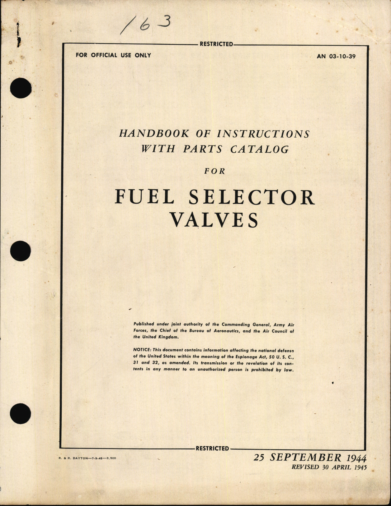 Sample page 1 from AirCorps Library document: Handbook of Instructions with Parts Catalog for Fuel Selector Valves