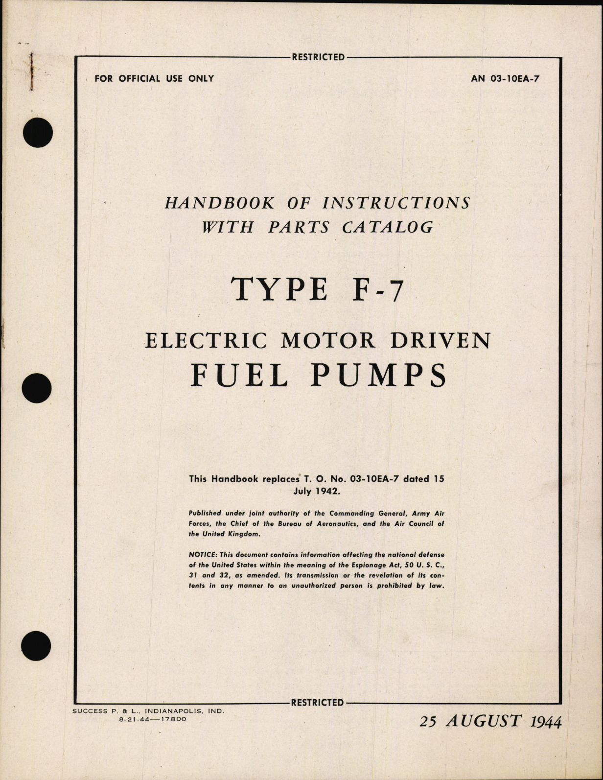 Sample page 1 from AirCorps Library document: Handbook of Instructions with Parts Catalog for Type F-7 Electric Motor Driven Fuel Pumps