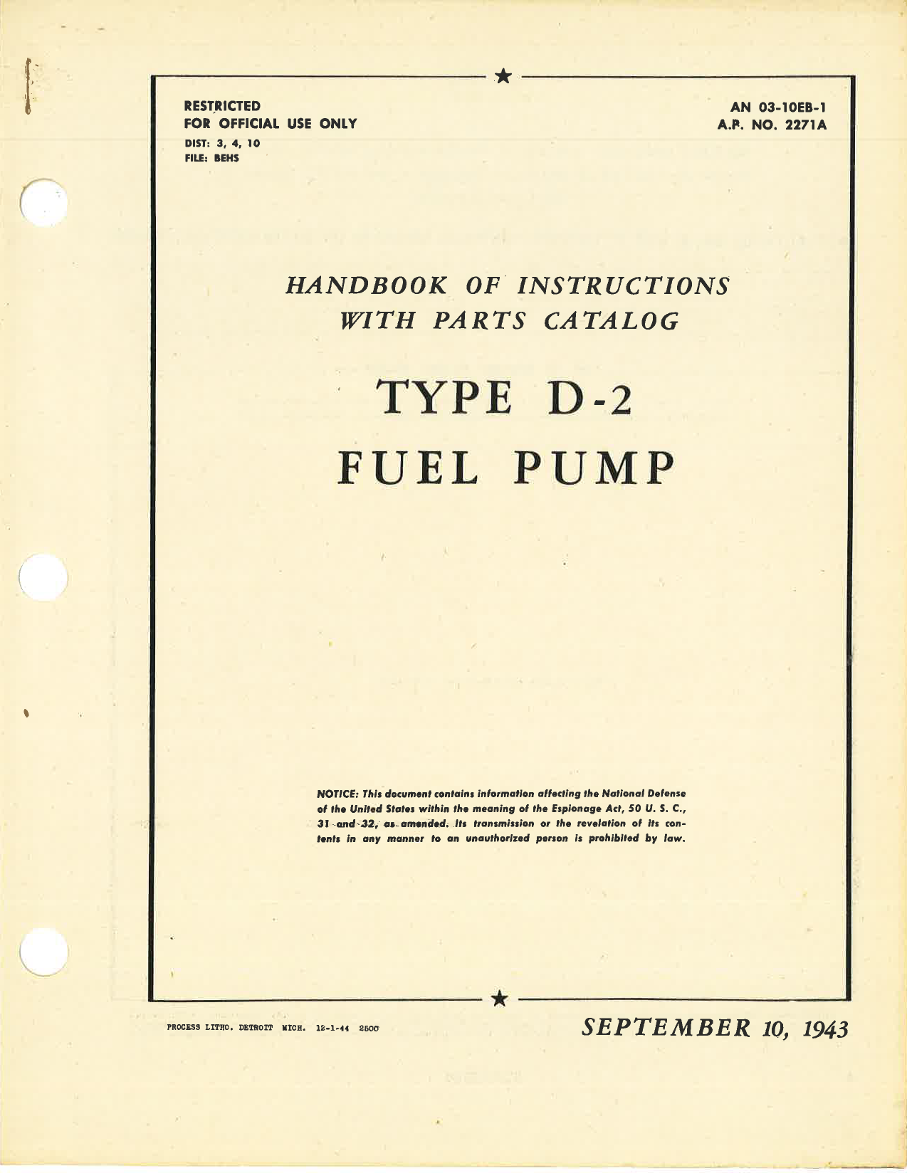 Sample page 1 from AirCorps Library document: Handbook of Instructions with Parts Catalog for Type D-2 Fuel Pump