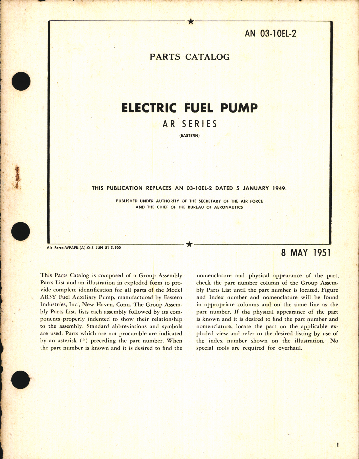 Sample page 1 from AirCorps Library document: Parts Catalog for Electric Fuel Pump AR Series
