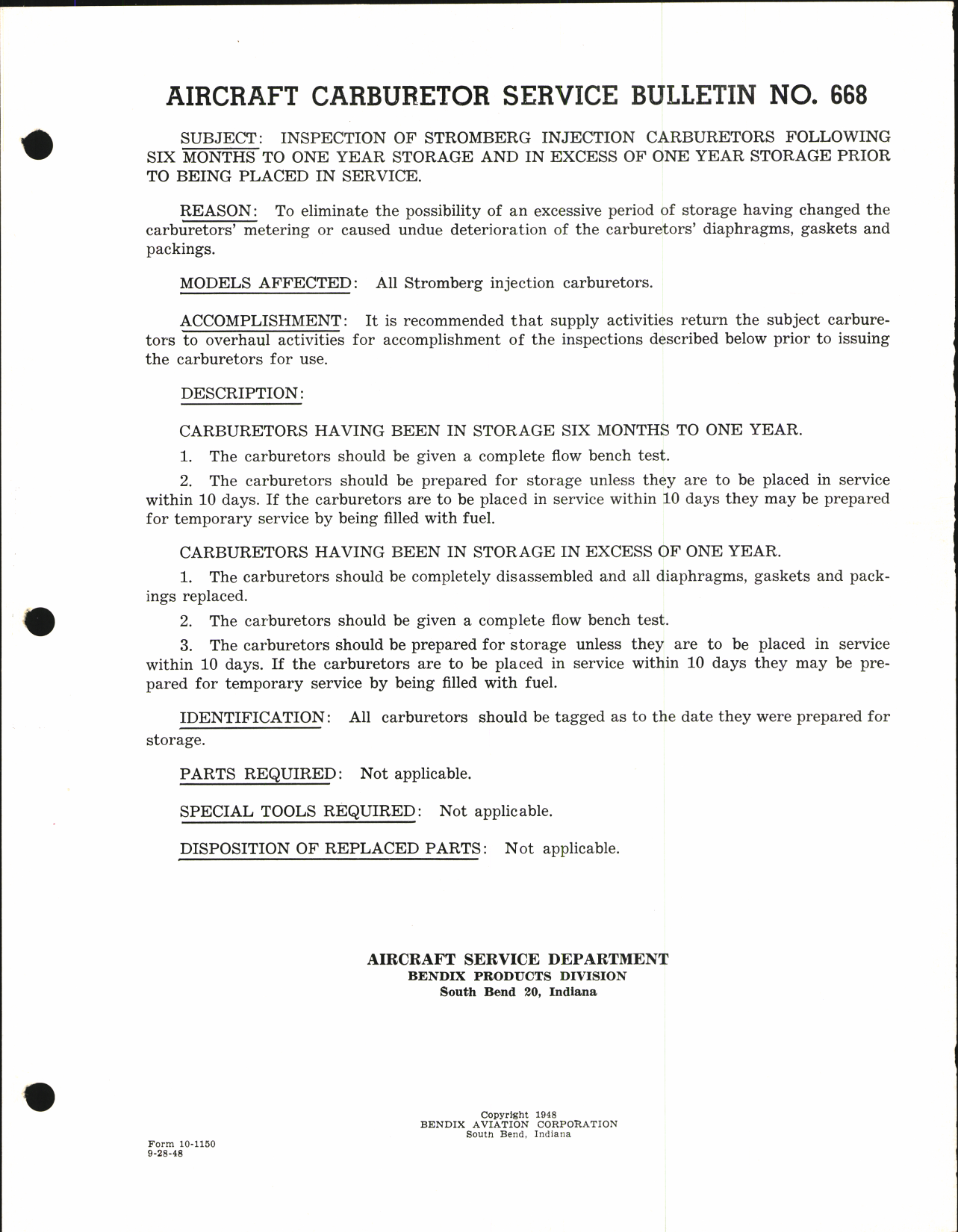 Sample page 1 from AirCorps Library document: Inspection of Stromberg injection Carburetors Following 6 Months to 1 Year Storage