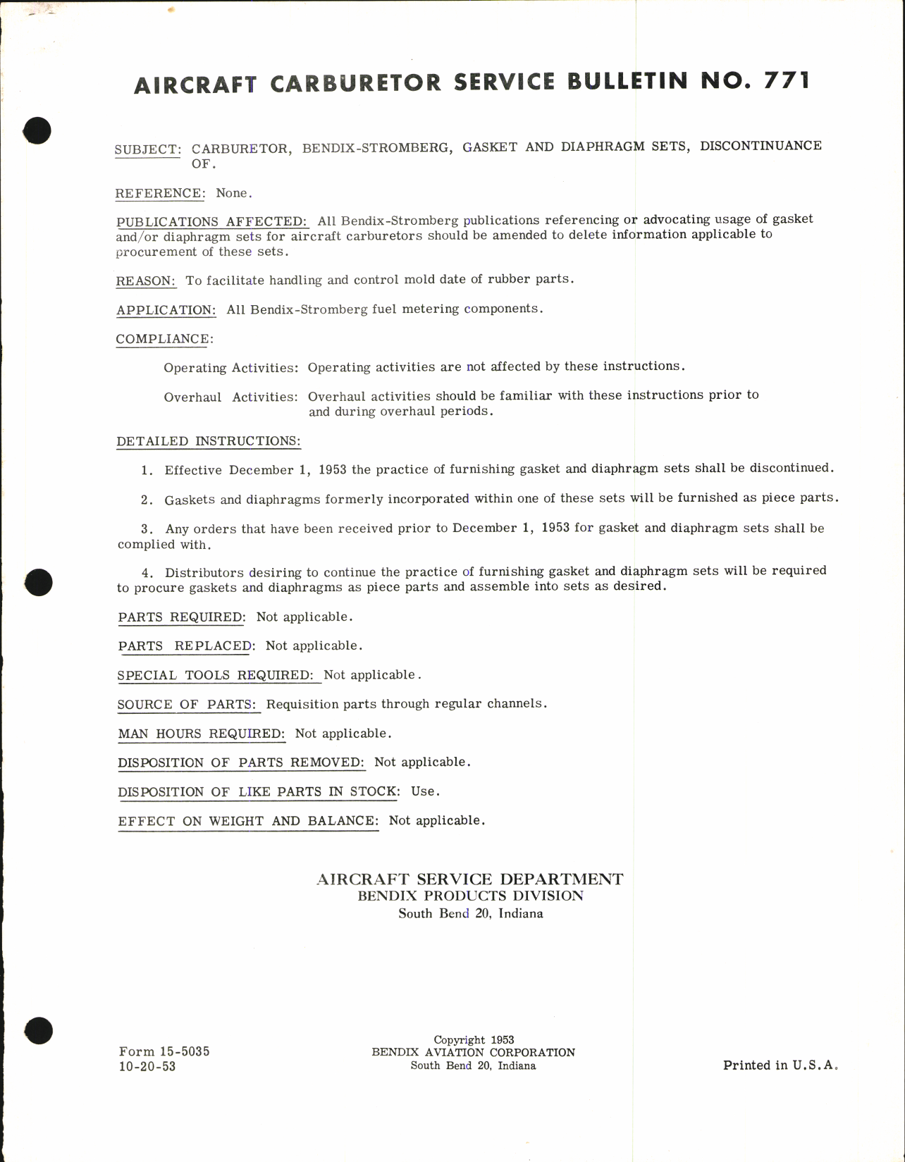 Sample page 1 from AirCorps Library document: Discontinuance of Carburetor, Bendix-Stromberg Gasket and Diaphragm Sets