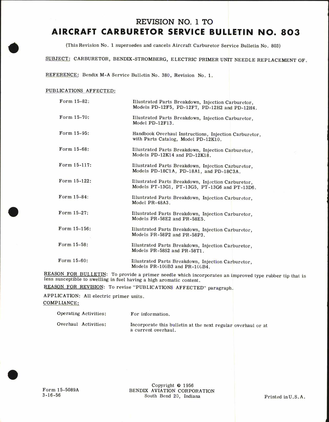 Sample page 1 from AirCorps Library document: Replacement of Electric Primer Unit Needle on Bendix-Stromberg Carburetor