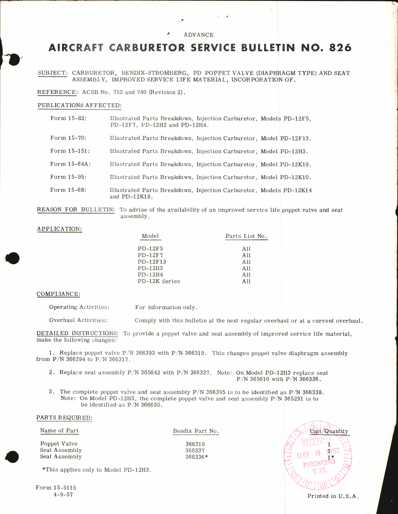 Sample page 1 from AirCorps Library document: Incorporation of PD Poppet Valve and Seat Assembly for Bendix-Stromberg Carburetor