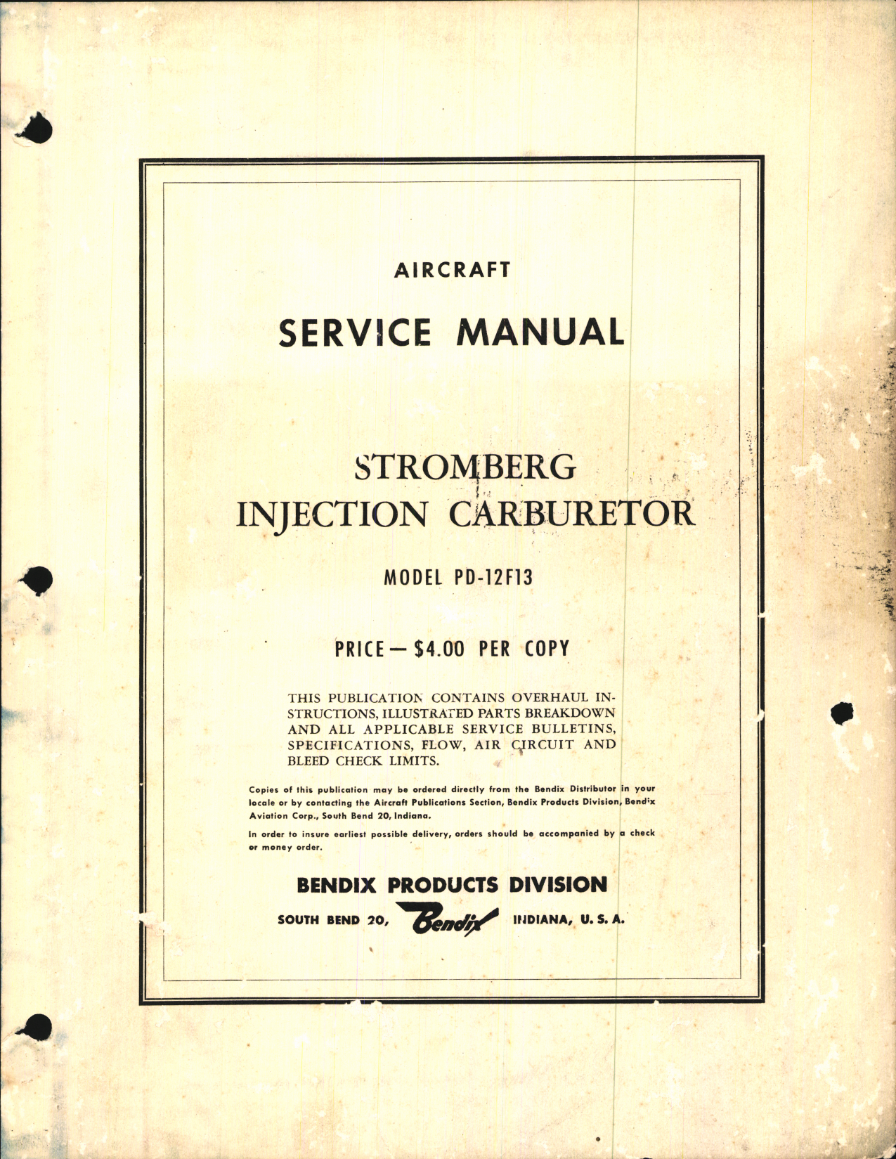 Sample page 1 from AirCorps Library document: Service Manual for Stromberg Injection Carburetor Model PD-12F13