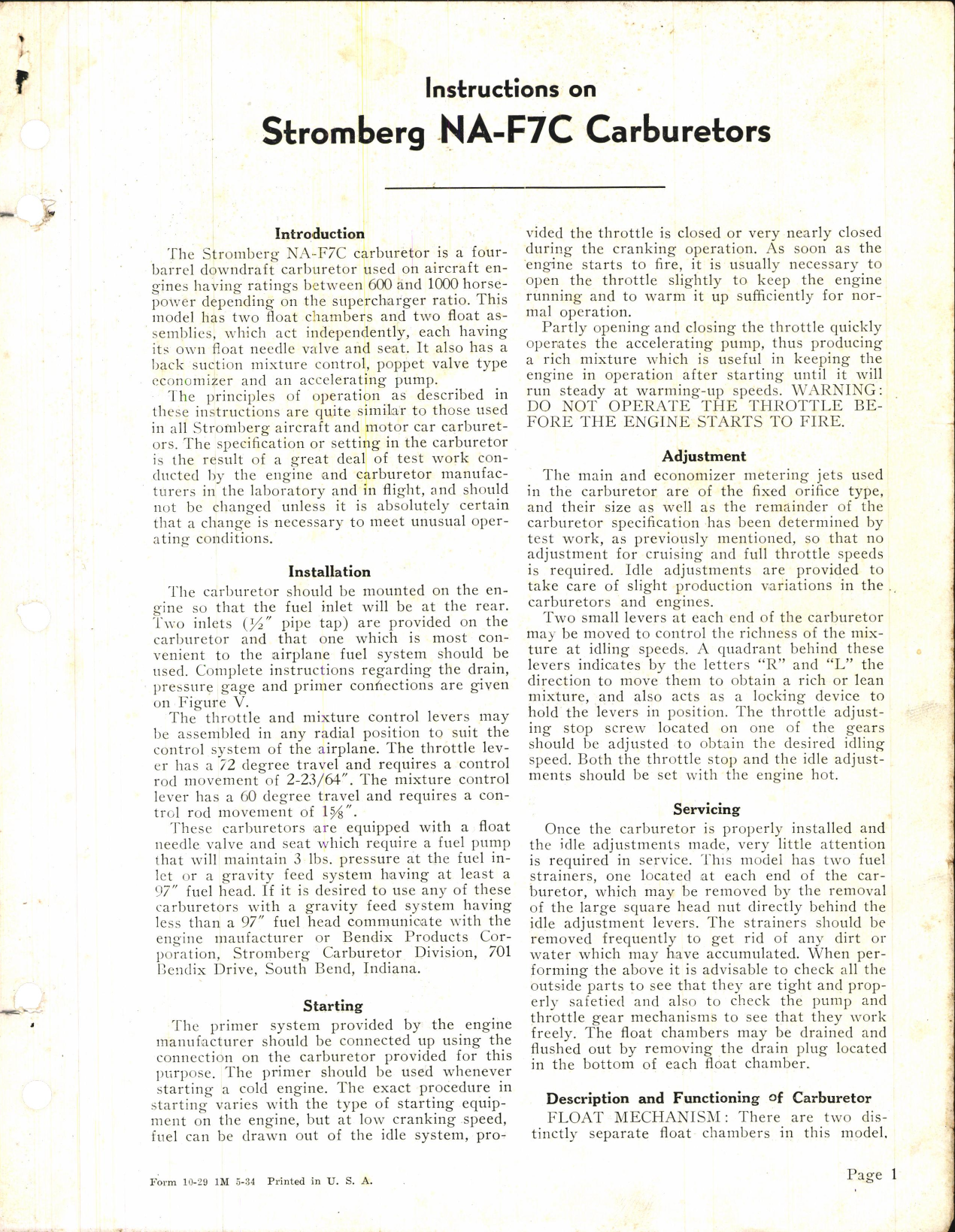 Sample page 1 from AirCorps Library document: Instructions on Stromberg NA-F7C Carburetors