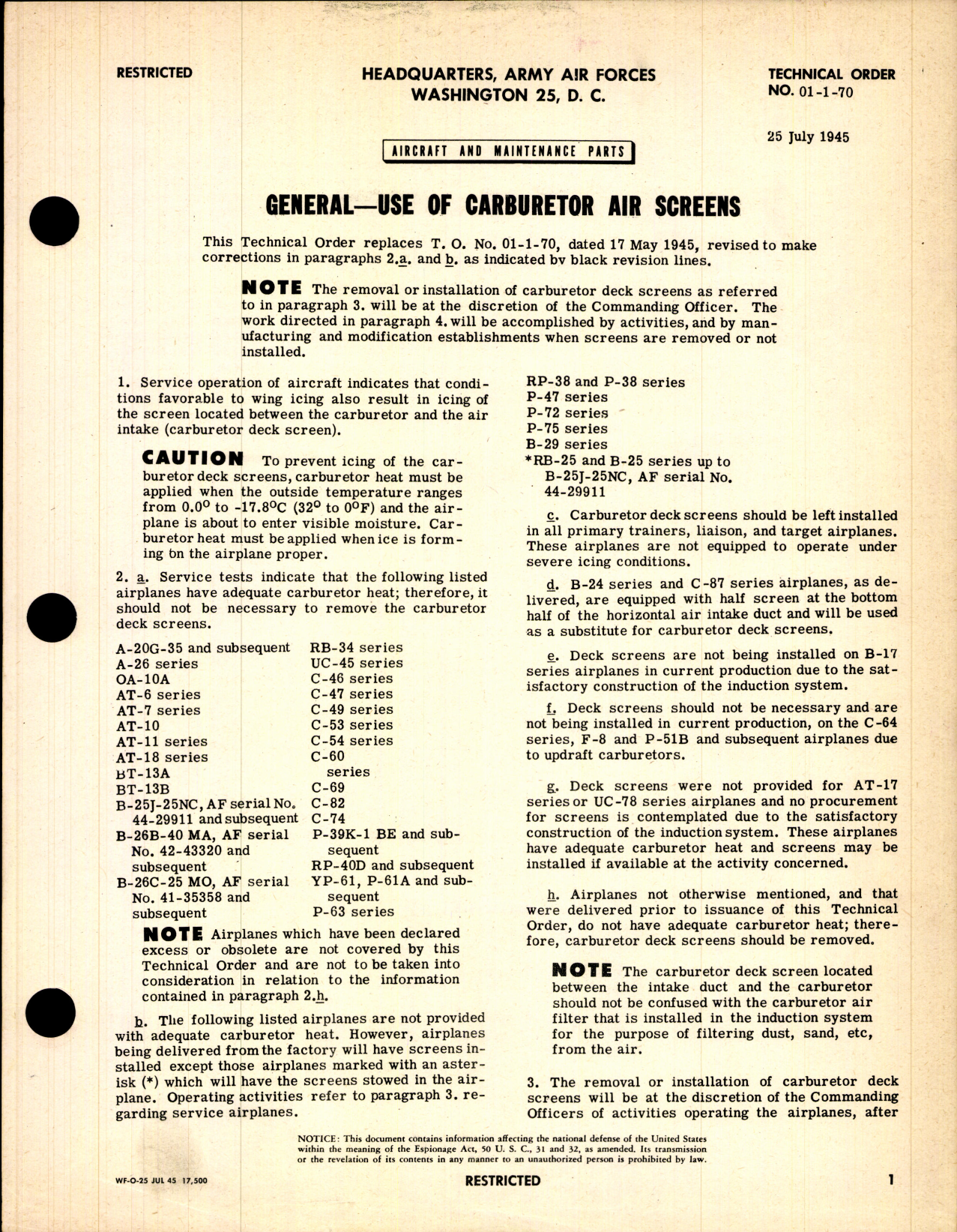 Sample page 1 from AirCorps Library document: Use of Carburetor Air Screens