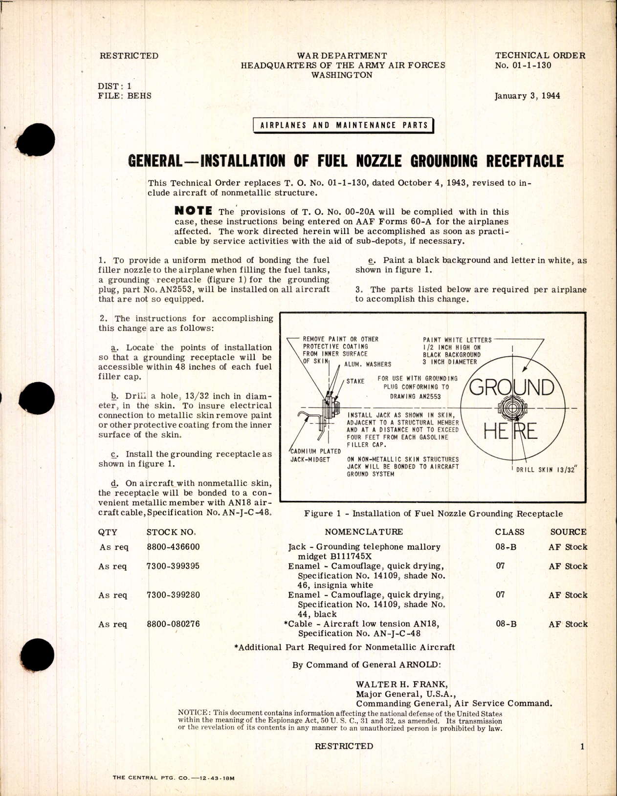 Sample page 1 from AirCorps Library document: Installation of Fuel Nozzle Grounding Receptacle