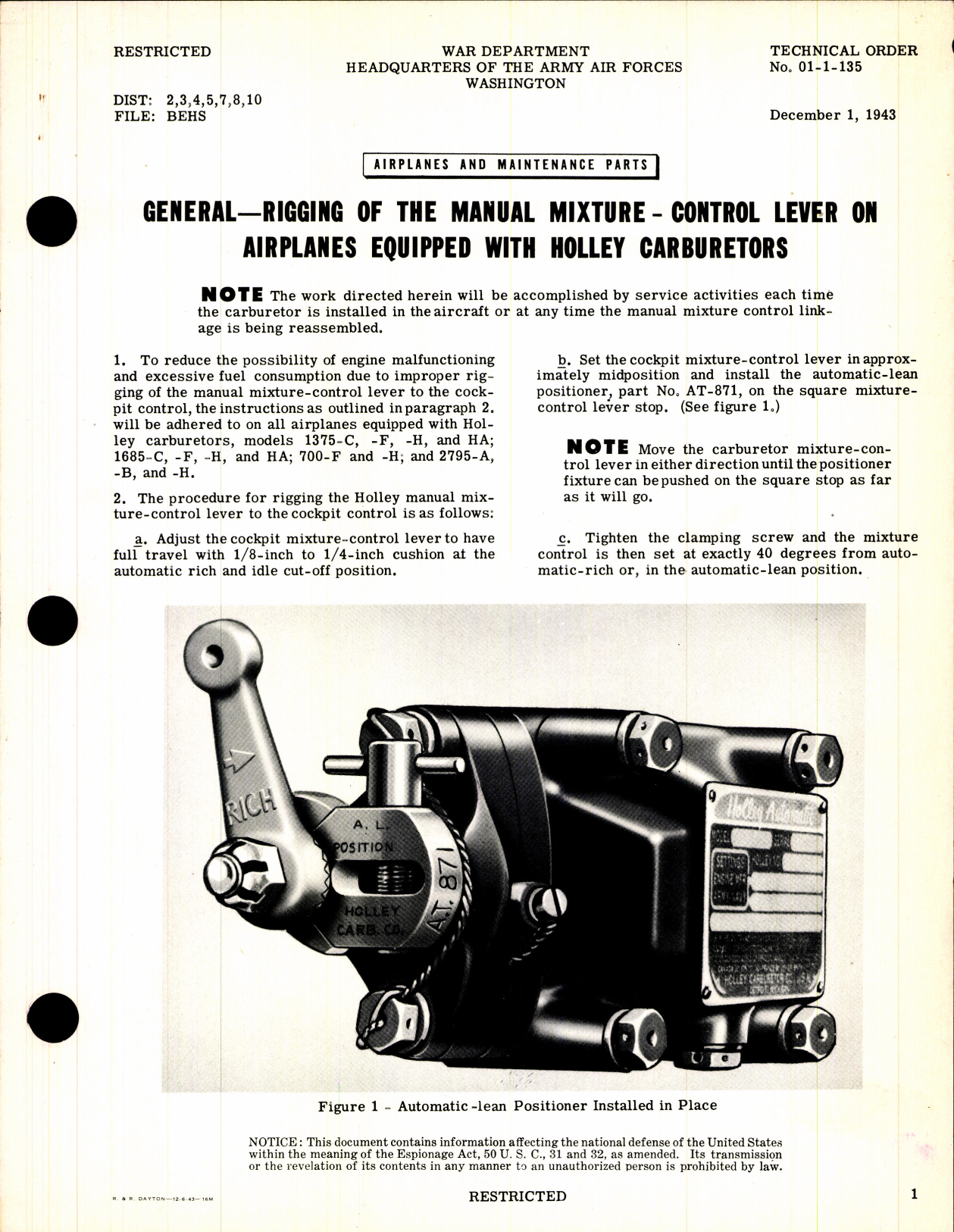 Sample page 1 from AirCorps Library document: Rigging of the Manual Mixture Control Lever on Airplanes Equipped with Holley Carburetors