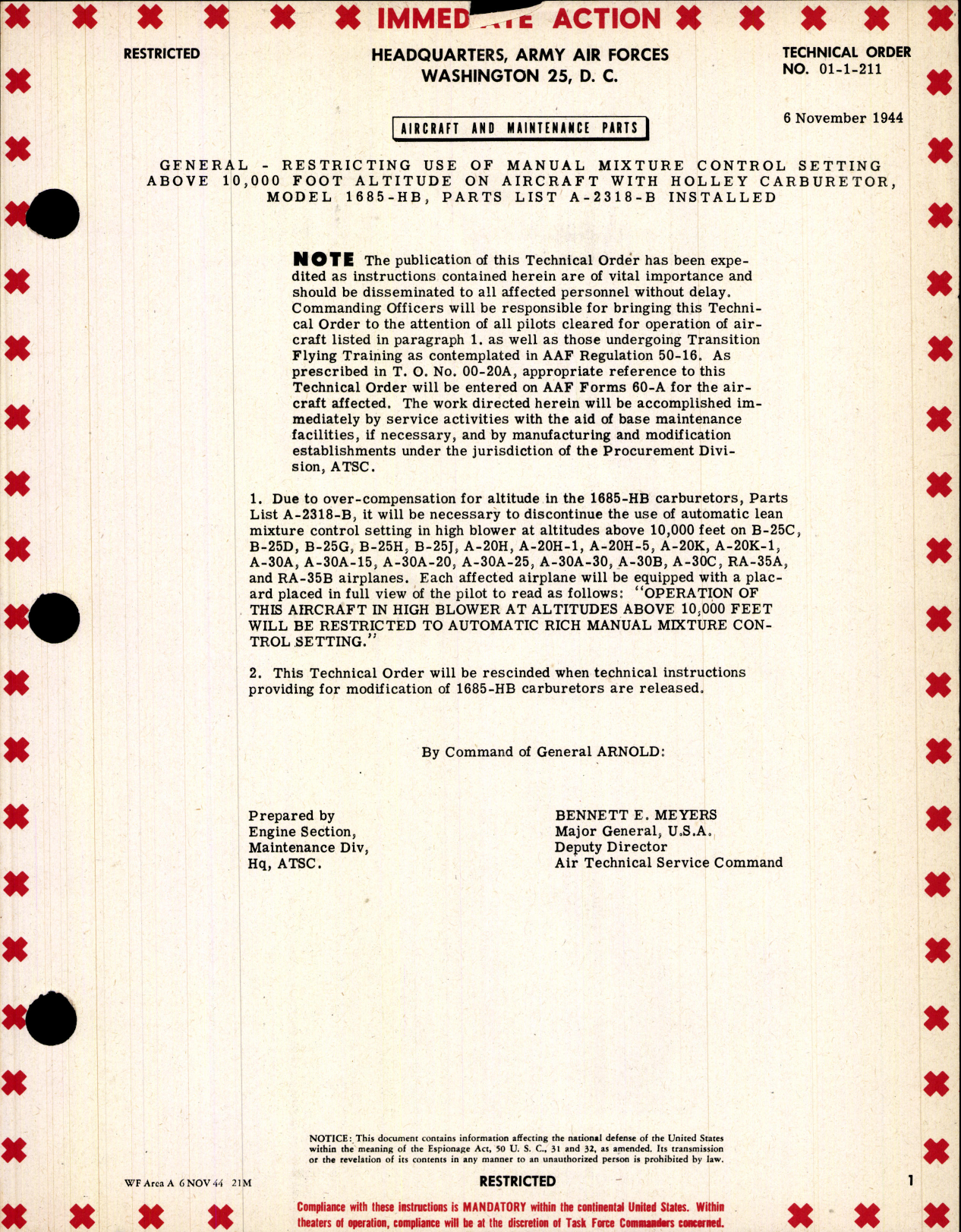 Sample page 1 from AirCorps Library document: Restricting Use of Manual Mixture Control Setting Above 10,000 Ft Altitude