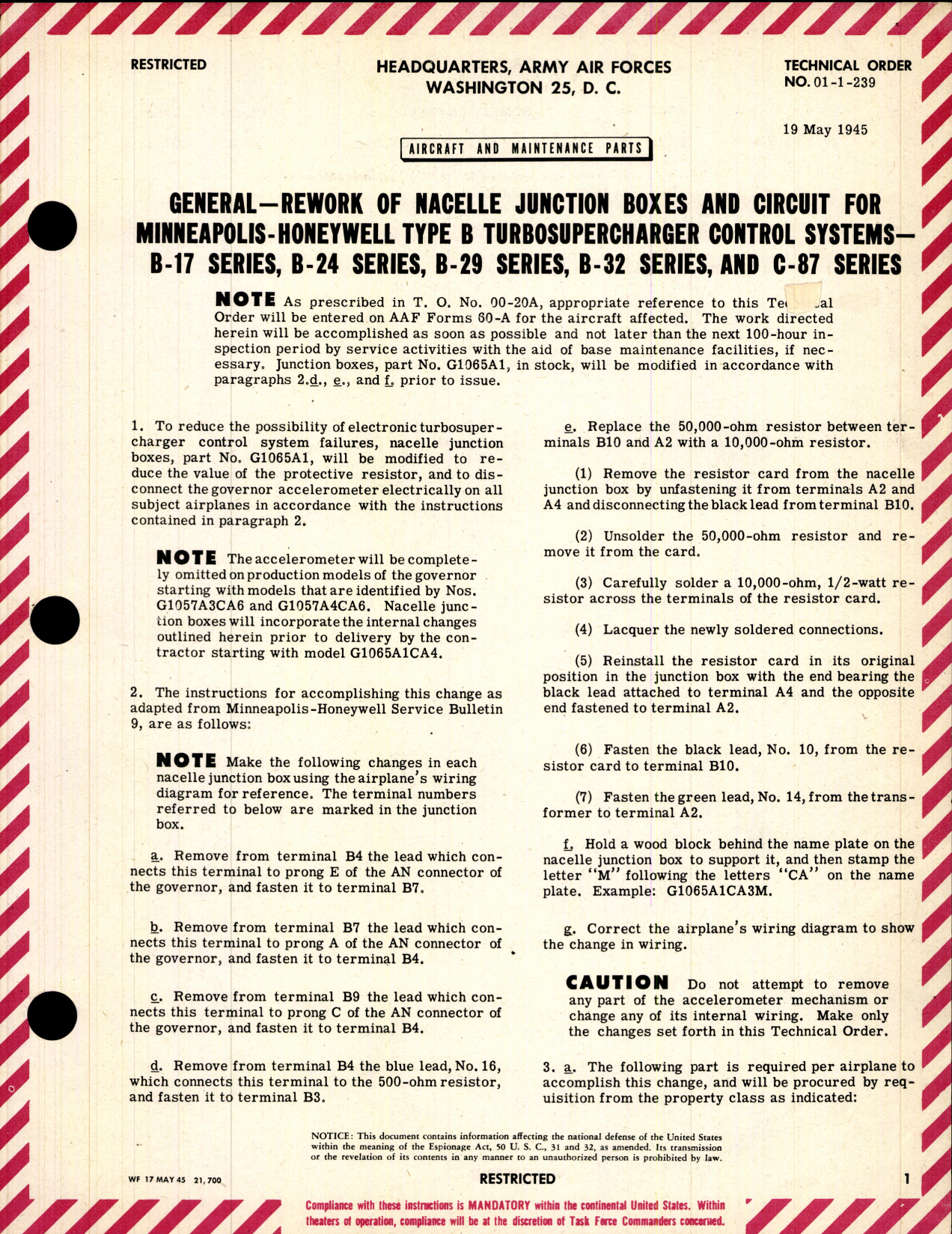 Sample page 1 from AirCorps Library document: Rework of Nacelle Junction Boxes and Circuit for Minneapolis-Honeywell Type B Turbosupercharger Control Systems