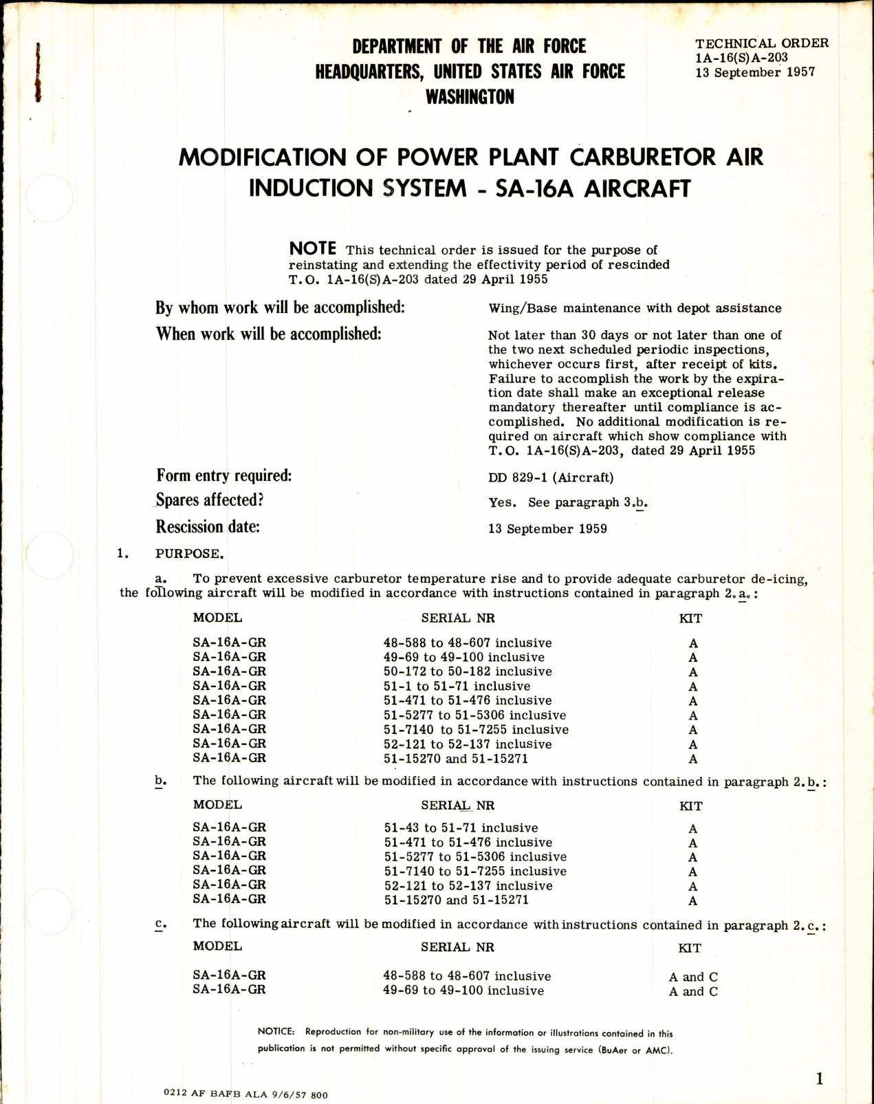 Sample page 1 from AirCorps Library document: Modification of Power Plant Carburetor Air Induction System for SA-16A Aircraft