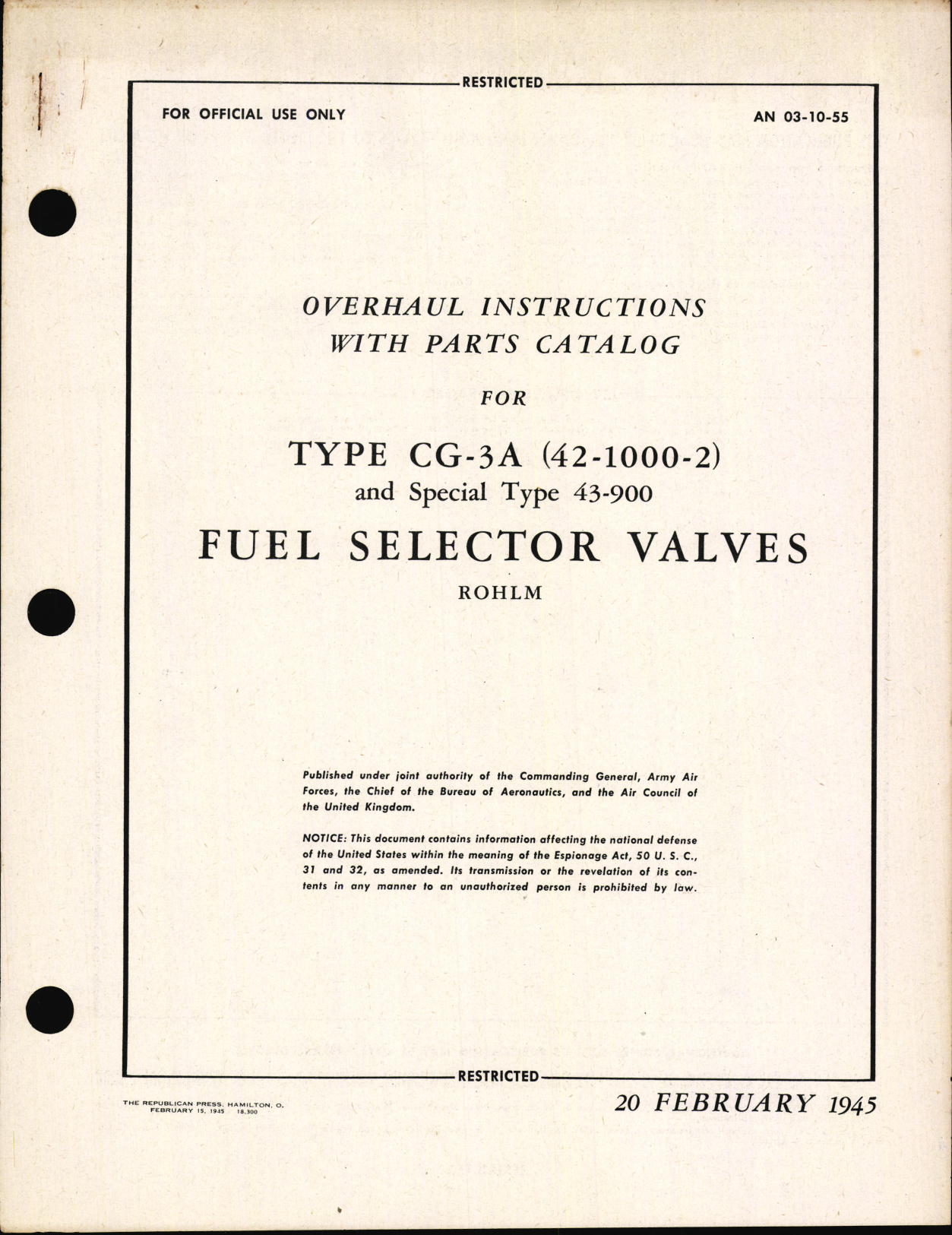 Sample page 1 from AirCorps Library document: Overhaul Instructions with Parts Catalog for Type CG-3A (42-1000-2) and Special Type 43-900 Fuel Selector Valves