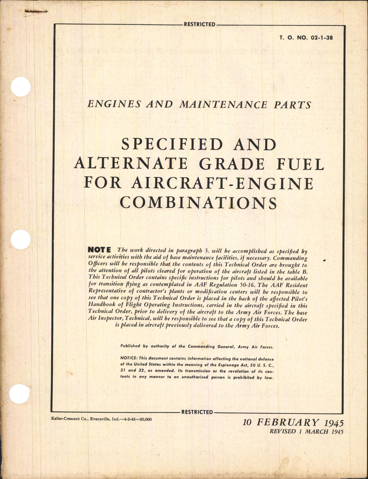 Sample page 1 from AirCorps Library document: Engines and Maintenance Parts - Specified and Alternate Grade Fuel For Aircraft-Engine Combinations