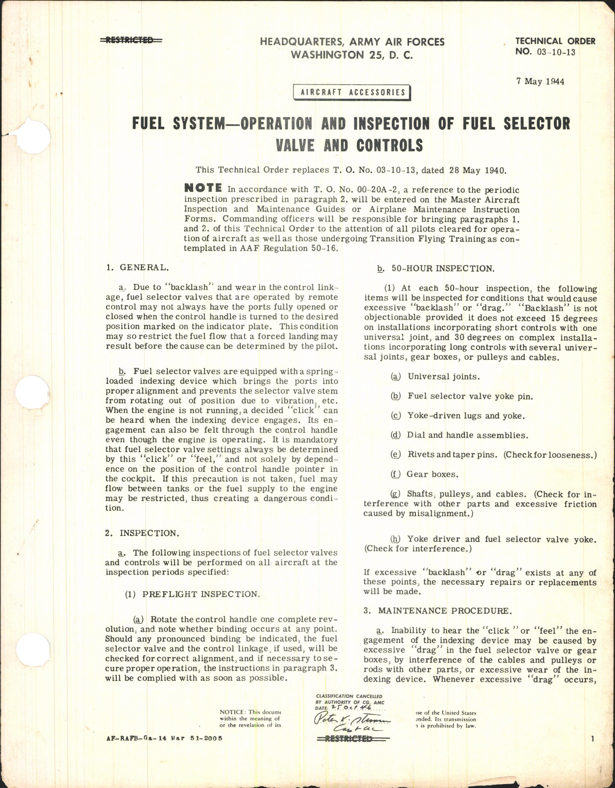 Sample page 1 from AirCorps Library document: Operation and Inspection of Fuel Selector Valve and Controls