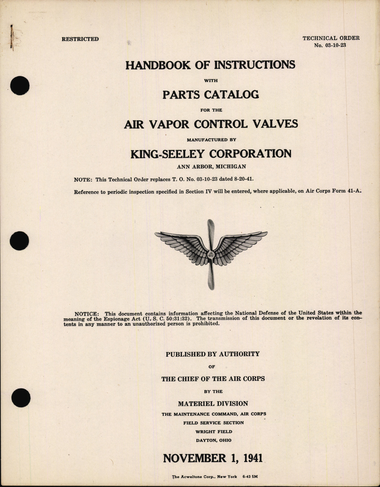 Sample page 1 from AirCorps Library document: Handbook of Instructions with Parts Catalog for Air Vapor Control Valves