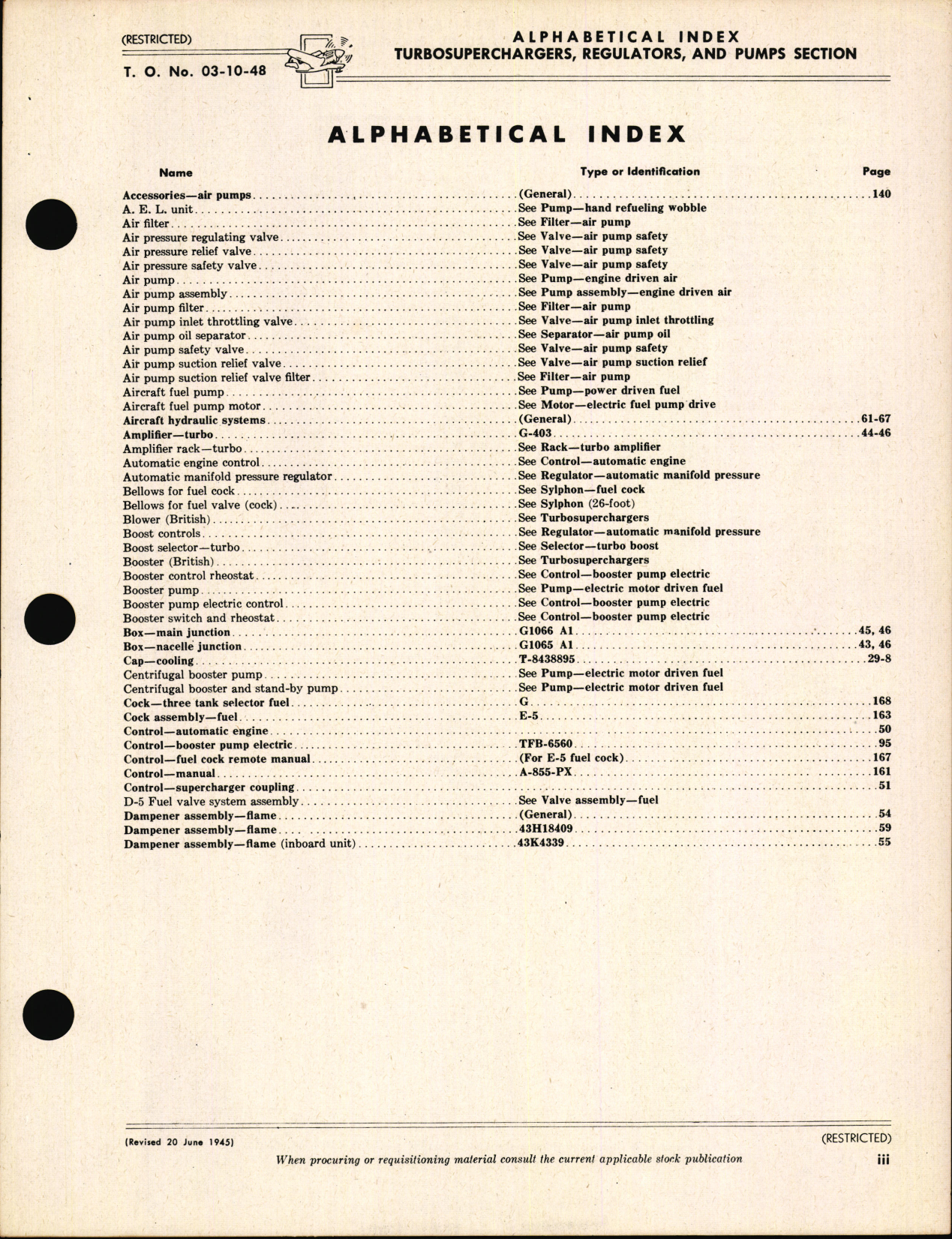 Sample page 5 from AirCorps Library document: Index of Army-Navy Aeronautical Equipment - Turbosuperchargers and Regulators, Pumps, and Pump Accessories