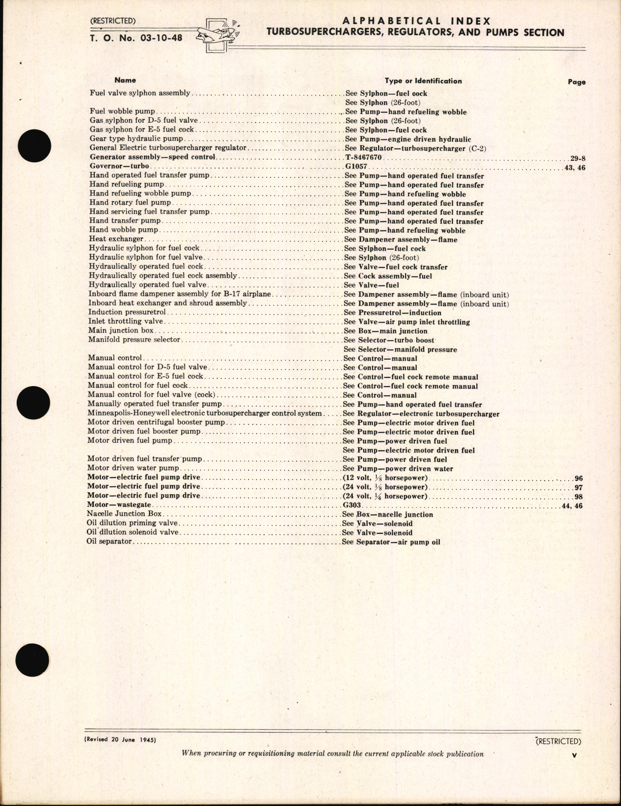 Sample page 7 from AirCorps Library document: Index of Army-Navy Aeronautical Equipment - Turbosuperchargers and Regulators, Pumps, and Pump Accessories