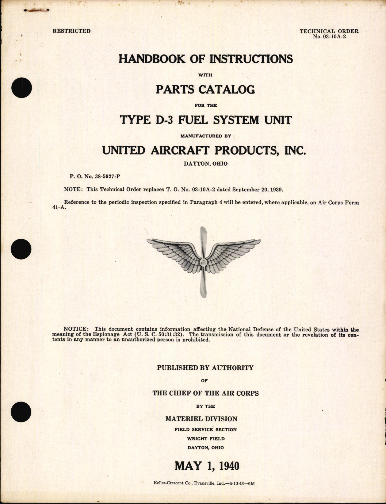 Sample page 1 from AirCorps Library document: Handbook of Instructions with Parts Catalog for Type D-3 Fuel System Unit