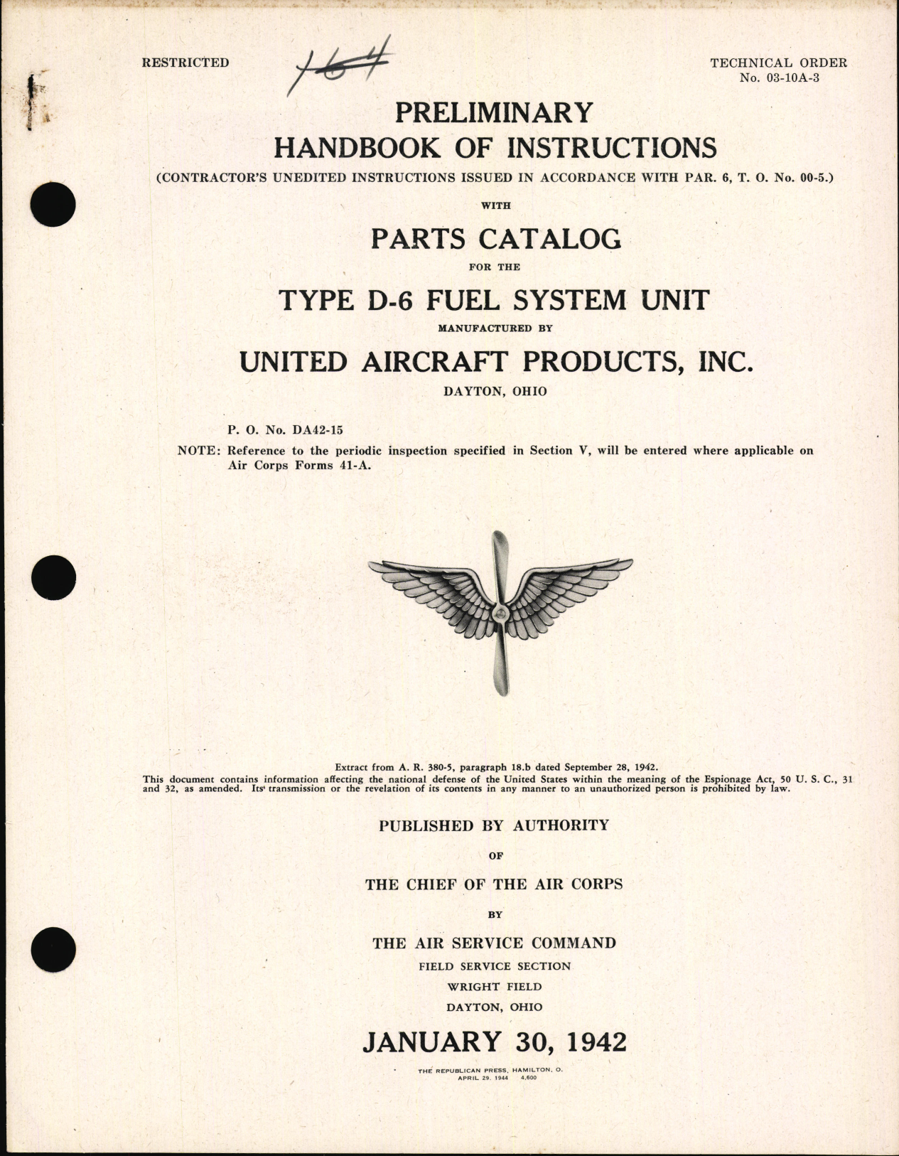 Sample page 1 from AirCorps Library document: Preliminary Handbook of Instructions with Parts Catalog for Type D-6 Fuel System Unit