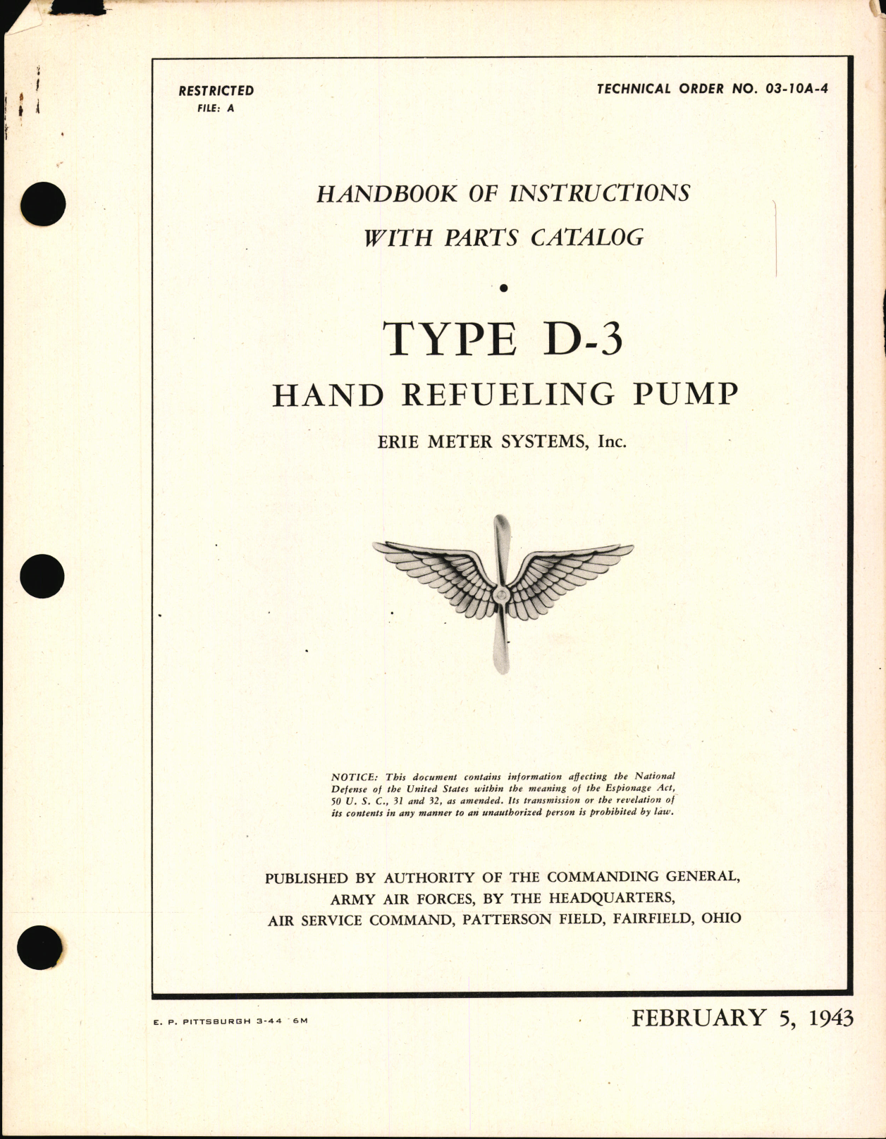 Sample page 1 from AirCorps Library document: Handbook of Instructions with Parts Catalog for Type D-3 Hand Refueling Pump