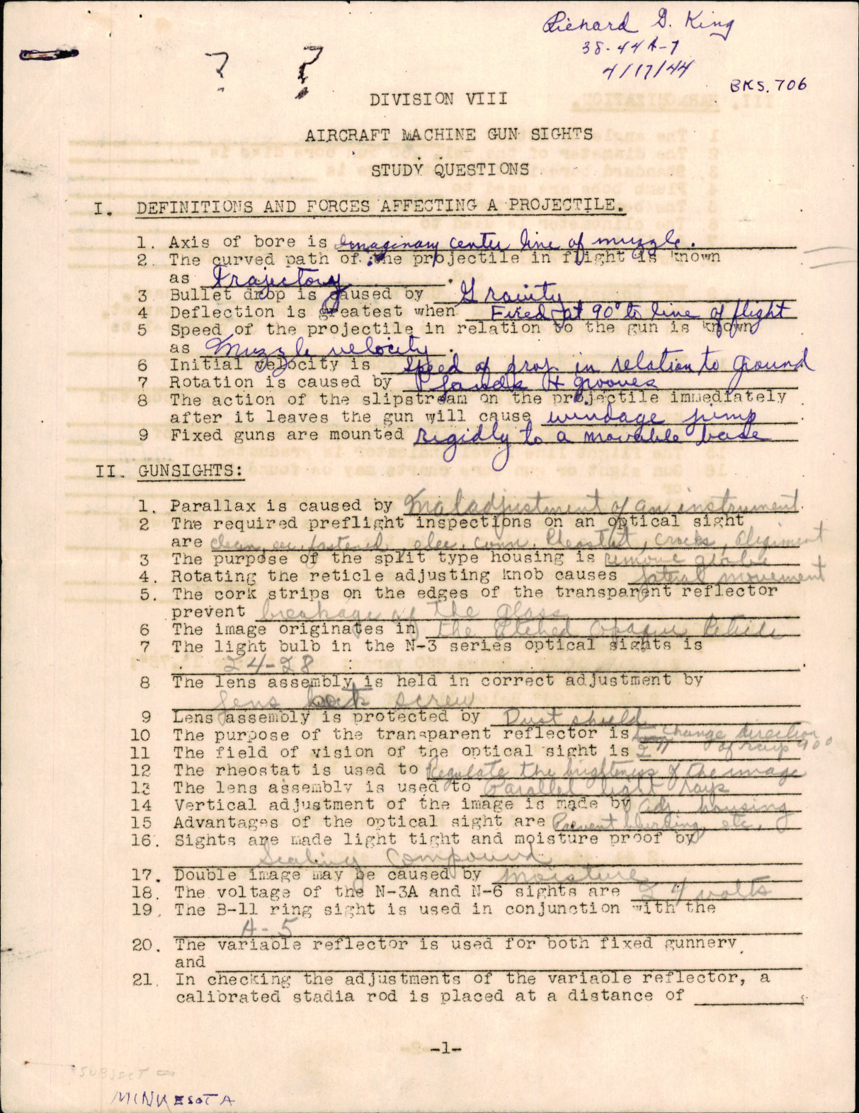 Sample page 1 from AirCorps Library document: Aircraft Machine Gun Sights Study Questions