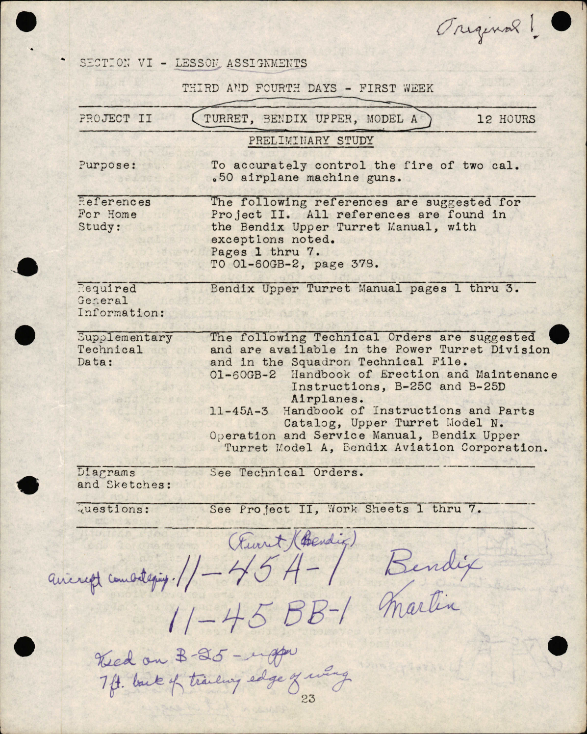 Sample page 1 from AirCorps Library document: Lesson Assignments for Turret, Bendix Upper, Model A