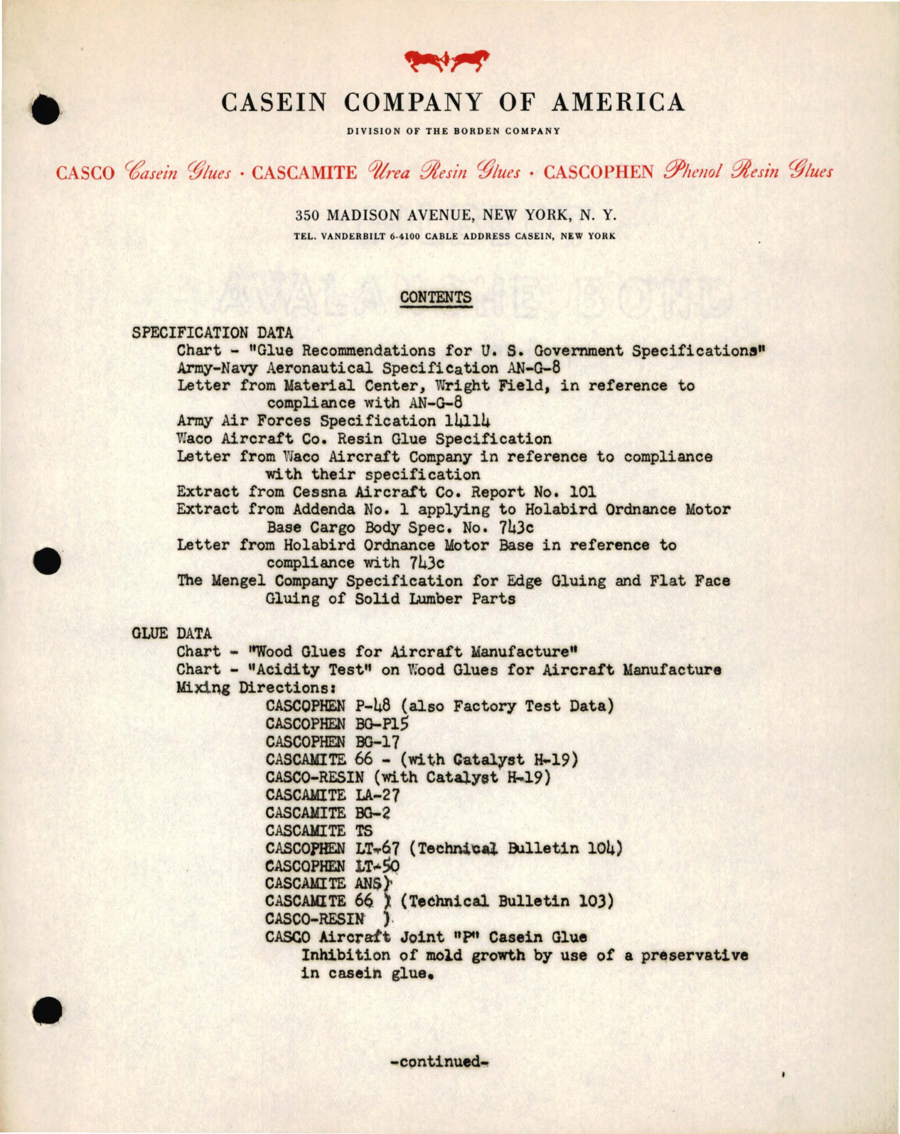 Sample page 1 from AirCorps Library document: Casein Company of America Specification and Glue Data