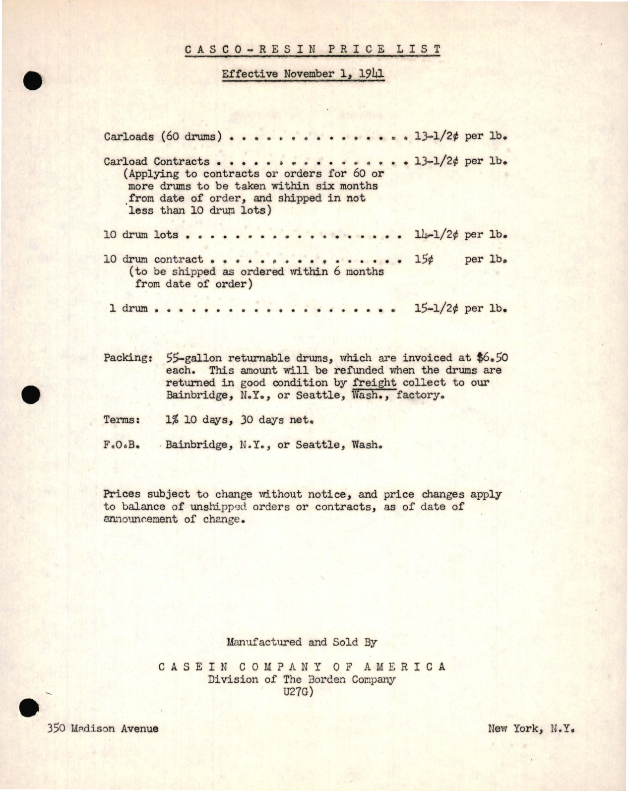 Sample page 1 from AirCorps Library document: Casco-Resin Price List