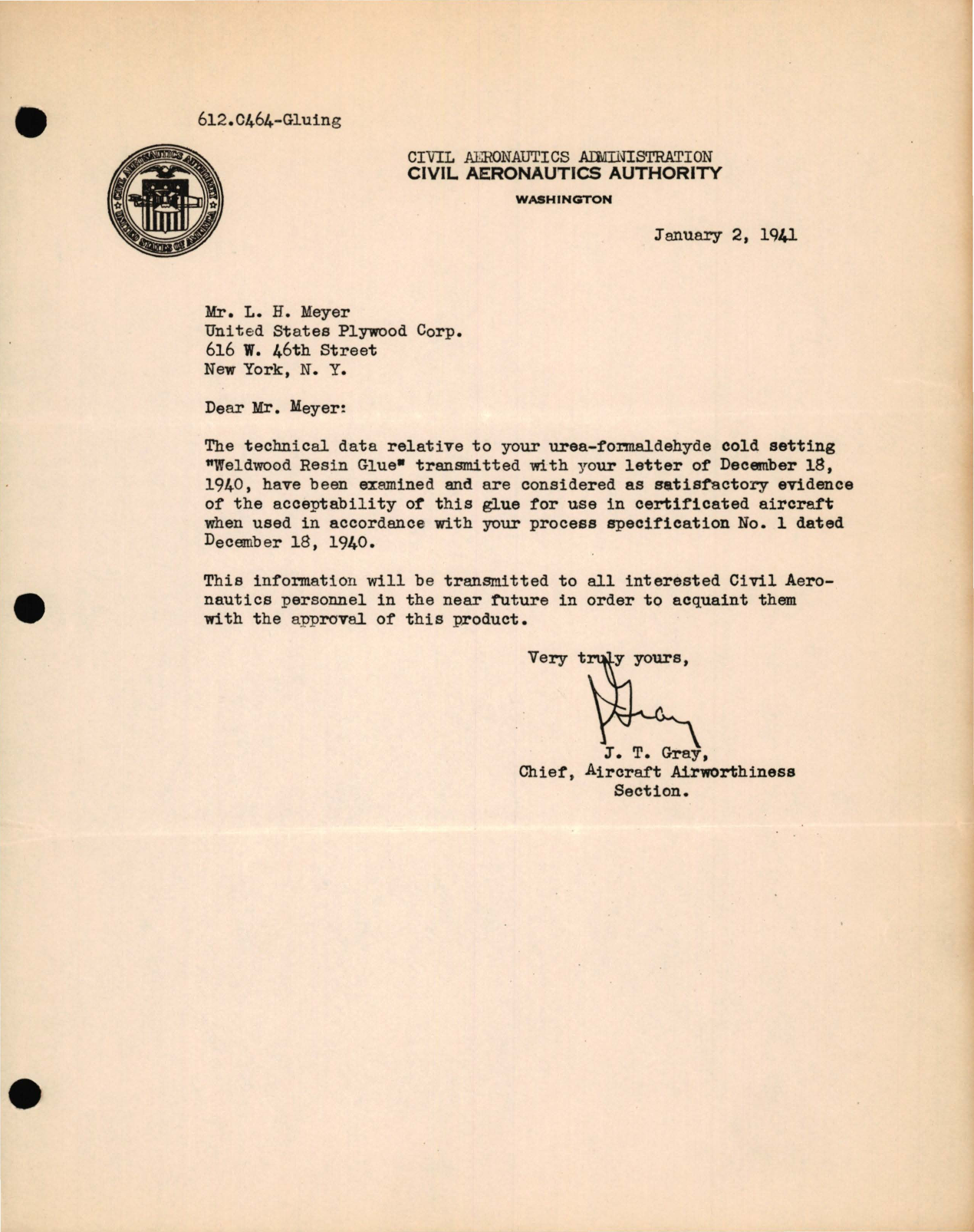 Sample page 1 from AirCorps Library document: Urea-Formaldehyde Cold Setting, Weldwood Resin Glue, Letter