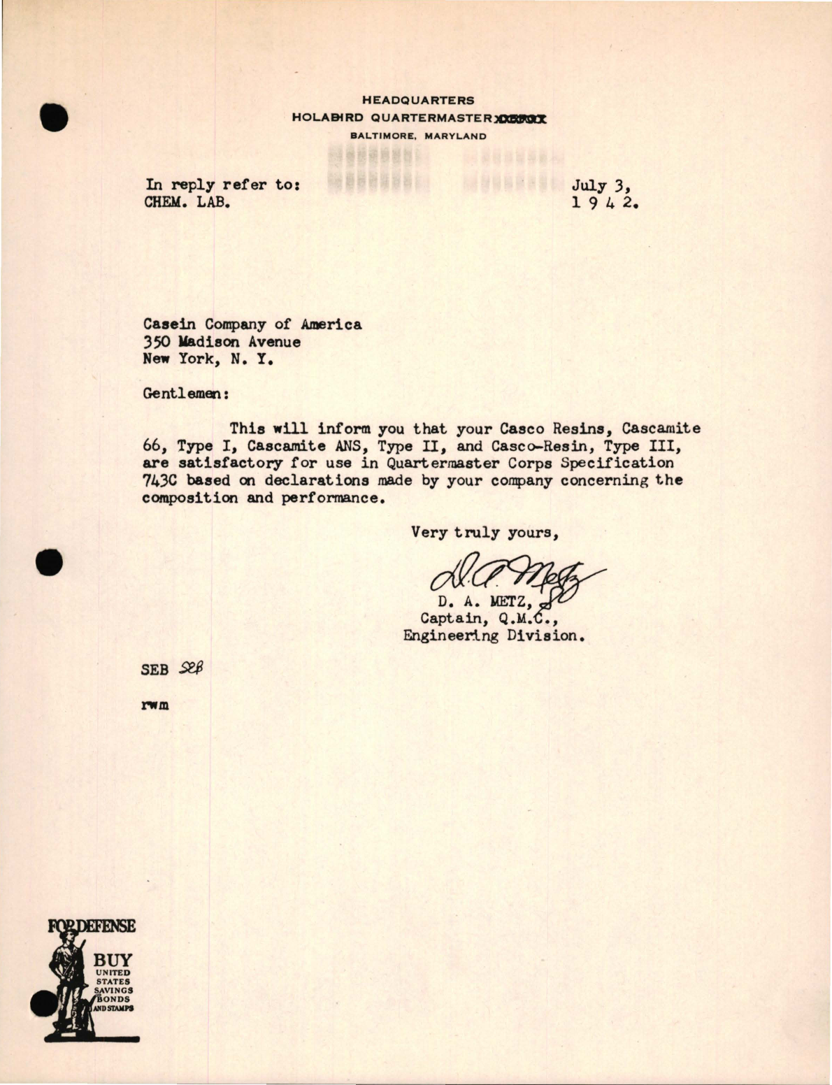 Sample page 1 from AirCorps Library document: Chemical Lab Findings for Casco Resins, Cascamite 66, Cascamite ANS, Holabird Letter